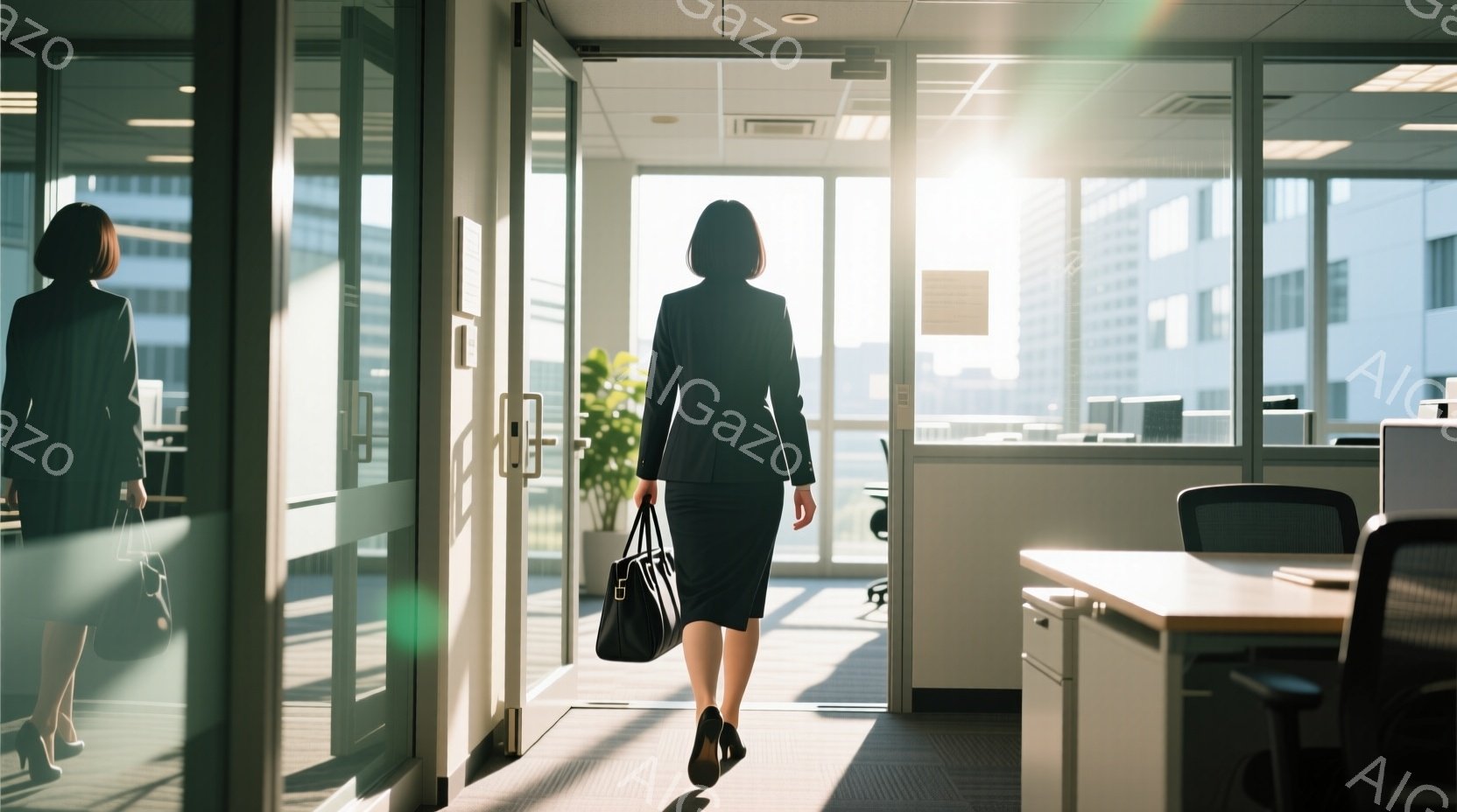 黒いスーツとスカートを着用した女性がオフィスから出ていくところです。彼女は黒いハンドバッグを持ち、背中を向けているため表情はわかりません。背景には高層ビル群と明るい日差しが差し込むオフィス内部が見え、全体的にビジネスライクで希望に満ちた雰囲気です。