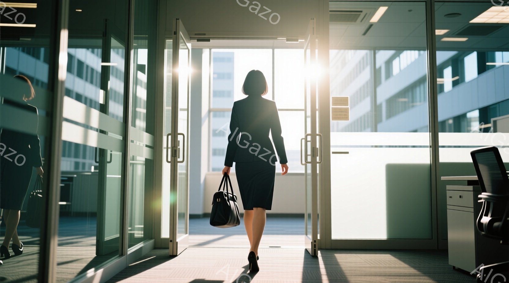 黒いスーツとスカートを着用した女性が、ガラス張りの建物の入り口から外へ歩き出している。彼女は黒いハンドバッグを持ち、ハイヒールを履いており、後ろ姿からは自信に満ちた姿勢が伺える。背景には近代的な高層ビ - AI生成フリー素材