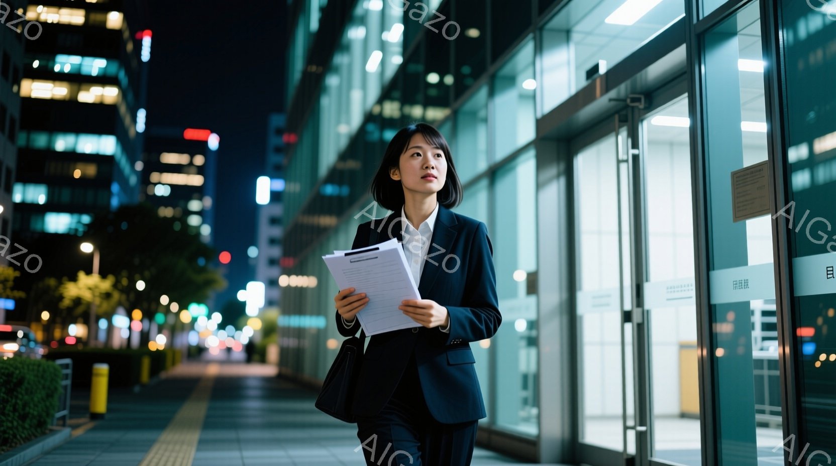 スーツを着た若い女性が夜の街を歩いている。彼女は書類を手に持ち、少し上を見つめるような姿勢で、自信に満ちた表情をしている。背景には近代的な高層ビルが並び、街灯がぼんやりと光っており、都会的で少し寂しげ - AI生成フリー素材