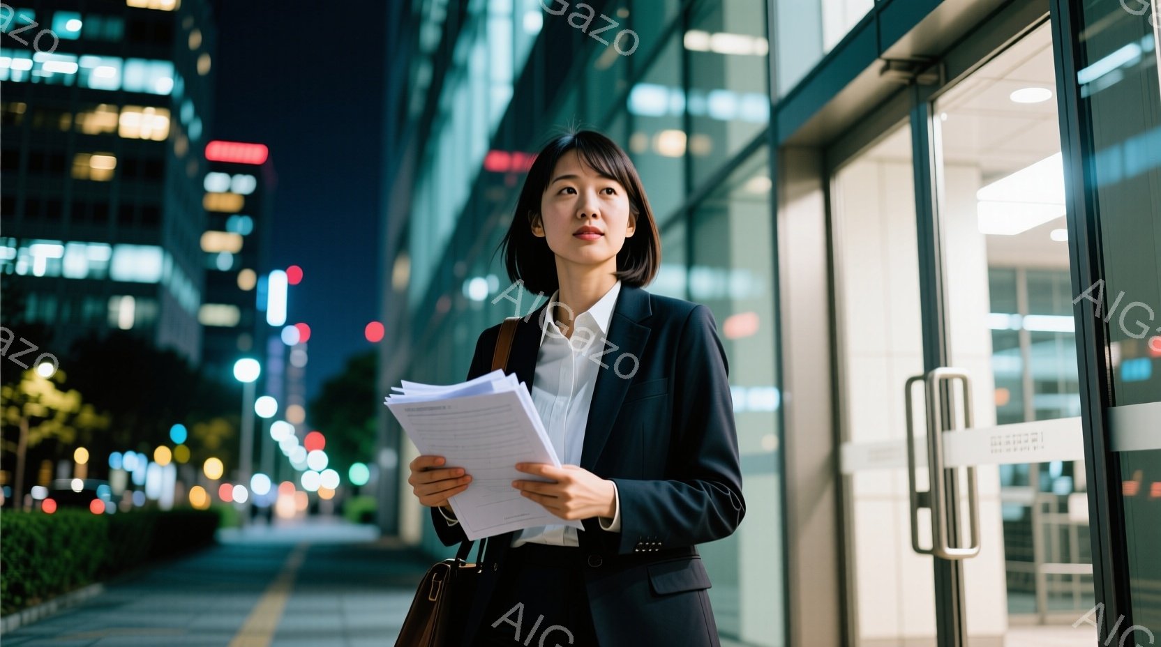 ビジネスウーマンが書類を手に、夜の街並みを背景に立っている。彼女は黒いスーツに白いシャツを着ており、髪は後ろで一つにまとめている。背景には近代的な建物がぼやけて見え、夜の落ち着いた雰囲気を醸し出している。