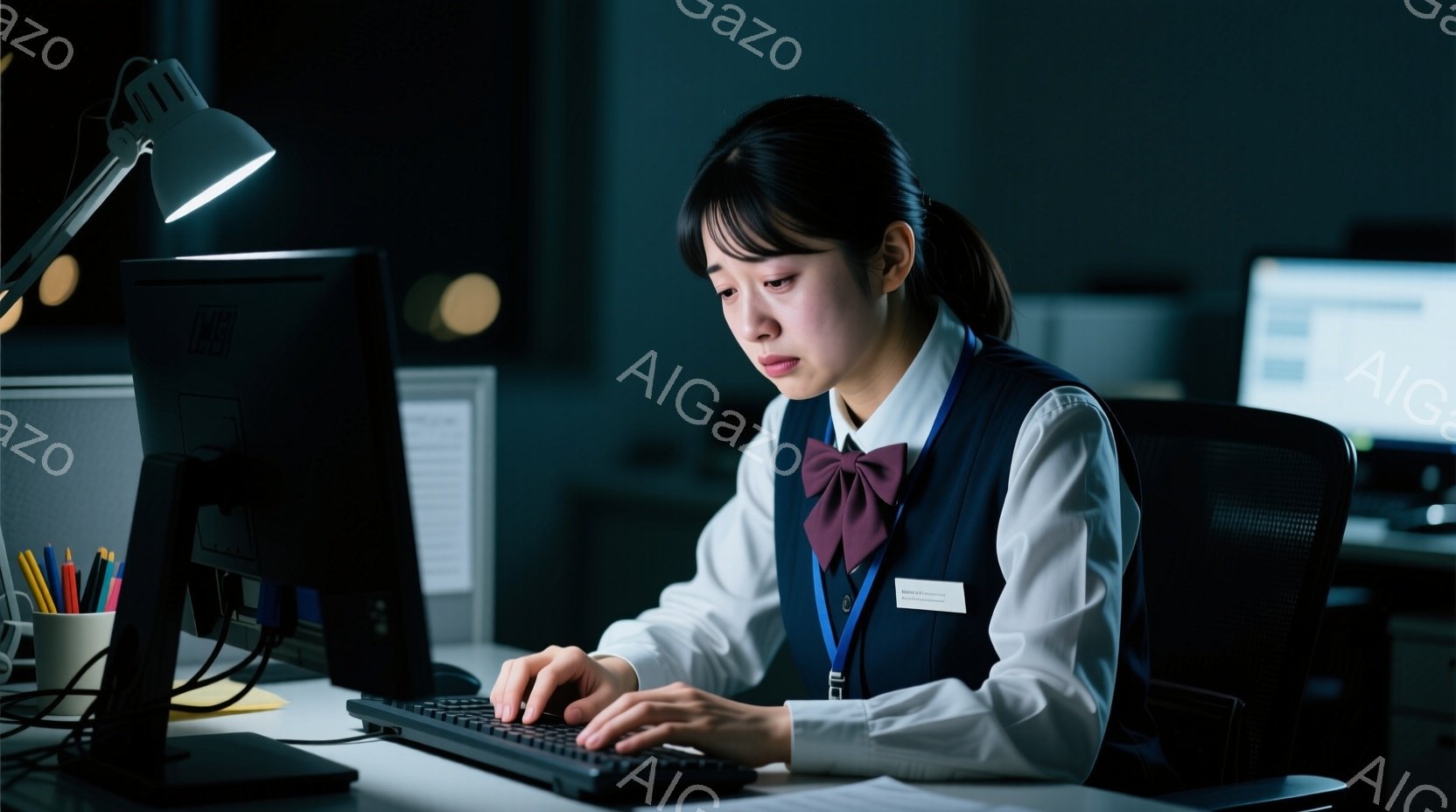 紺色のベストと白いシャツにネクタイを締めた女性が、暗い部屋でパソコンに向かっている。彼女は集中した表情でキーボードを操作し、やや前かがみの姿勢をとっている。背景は暗く、デスクの上にはペン立てやメモ帳が見え、仕事に集中している様子が伺える。