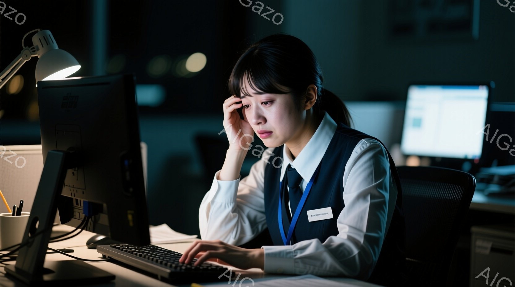 薄暗いオフィスで、女性が疲れた様子でパソコンに向かっています。彼女は白いシャツにネイビーのベスト姿で、髪は後ろで一つに結ばれています。眉間に皺を寄せ、片手で額を押さえる姿から、強いストレスや疲労を感じさせます。