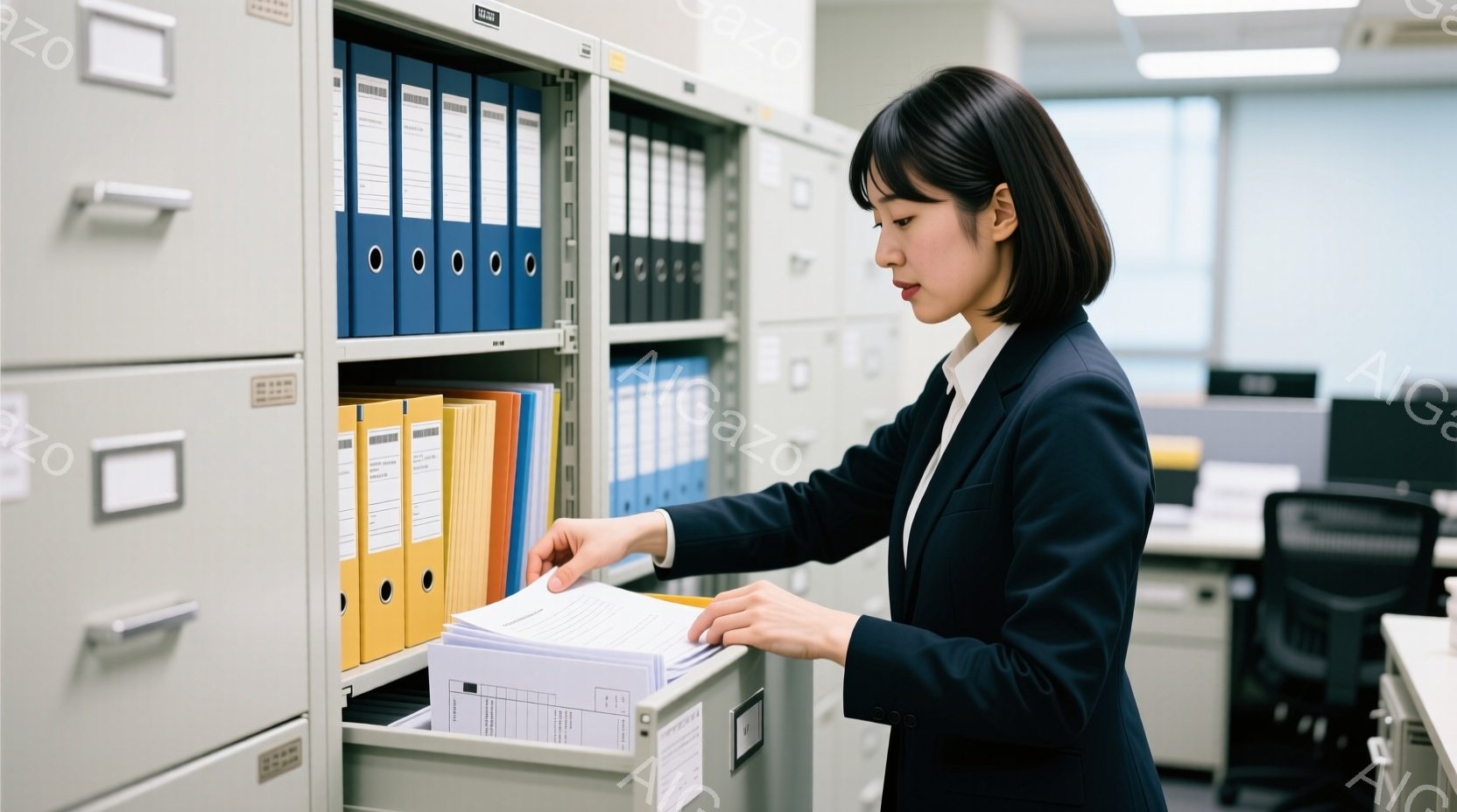 紺色のスーツに白いシャツを着た女性が、金属製の引き出しファイルから書類を取り出そうとしています。彼女は黒いショートヘアで、真剣な表情で書類に手を伸ばしています。背景には他のファイルキャビネットやオフィスチェアが見え、整頓されたオフィスの一室であることがわかります。