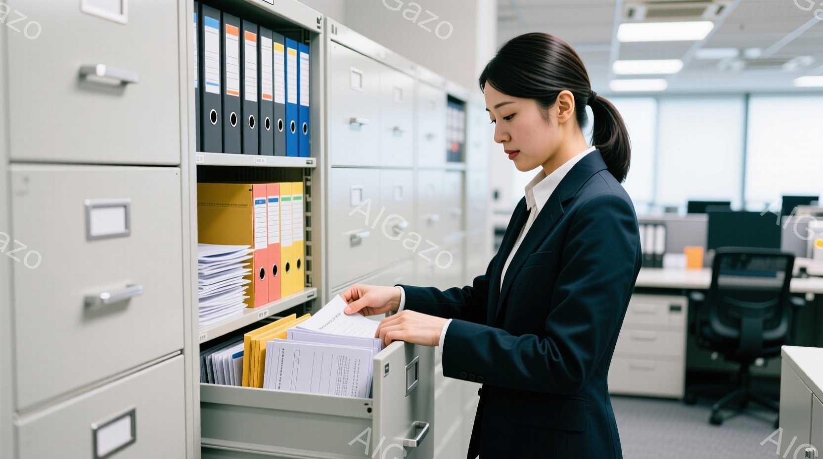 女性は紺色のスーツを着て、髪を後ろで一つにまとめています。彼女は金属製の引き出しファイルから書類を取り出しており、真剣な表情で書類を確認しているようです。背景にはオフィスが広がっており、他の従業員や事務机が見え、全体的にビジネスライクで落ち着いた雰囲気です。