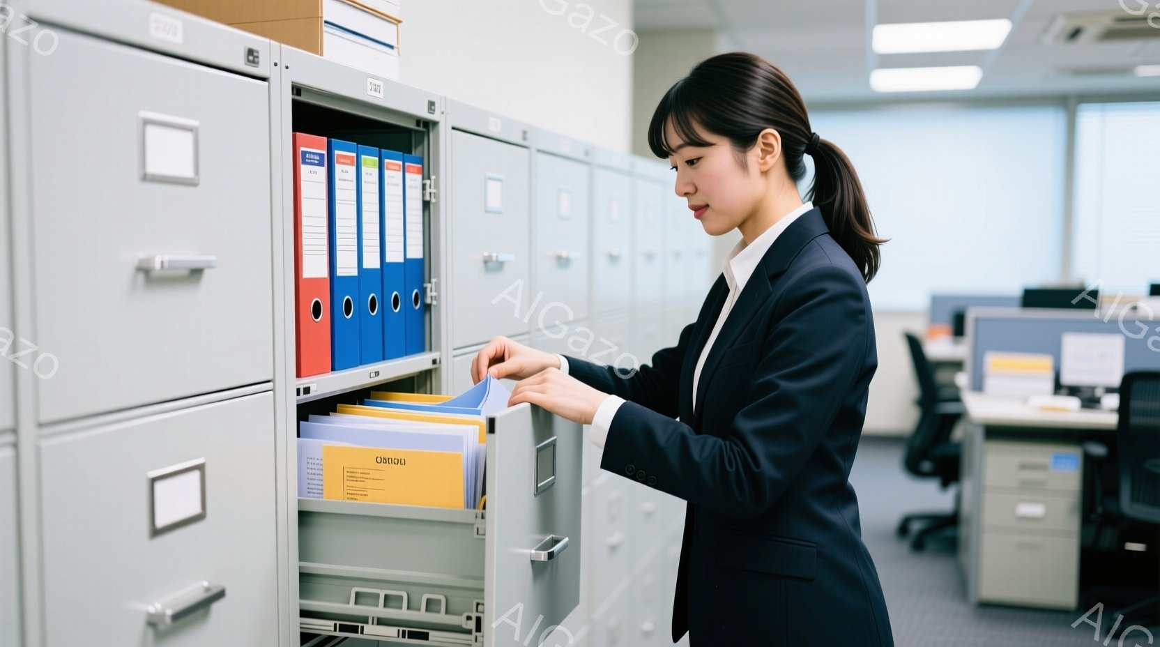黒いスーツを着た女性が、金属製のファイリングキャビネットから青いファイルを手に取っています。彼女は後ろで髪を結い、真剣な表情で書類を探しているようです。背景には、オフィス内の他のキャビネットやデスクが見え、全体的に落ち着いた雰囲気です。
