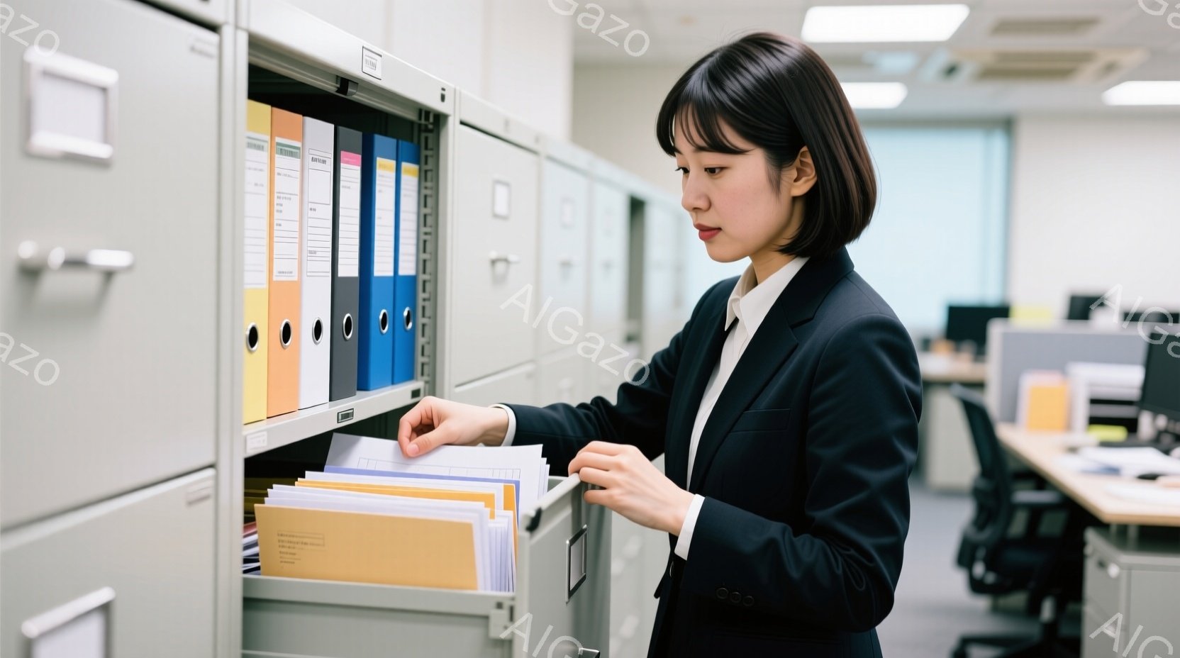 黒いスーツに白いシャツを着た若い女性が、灰色のファイリングキャビネットから書類を取り出している。彼女は短く黒い髪をしており、やや真剣な表情で書類を見つめている。背景にはオフィスの一角がぼやけて見え、他 - AI生成フリー素材