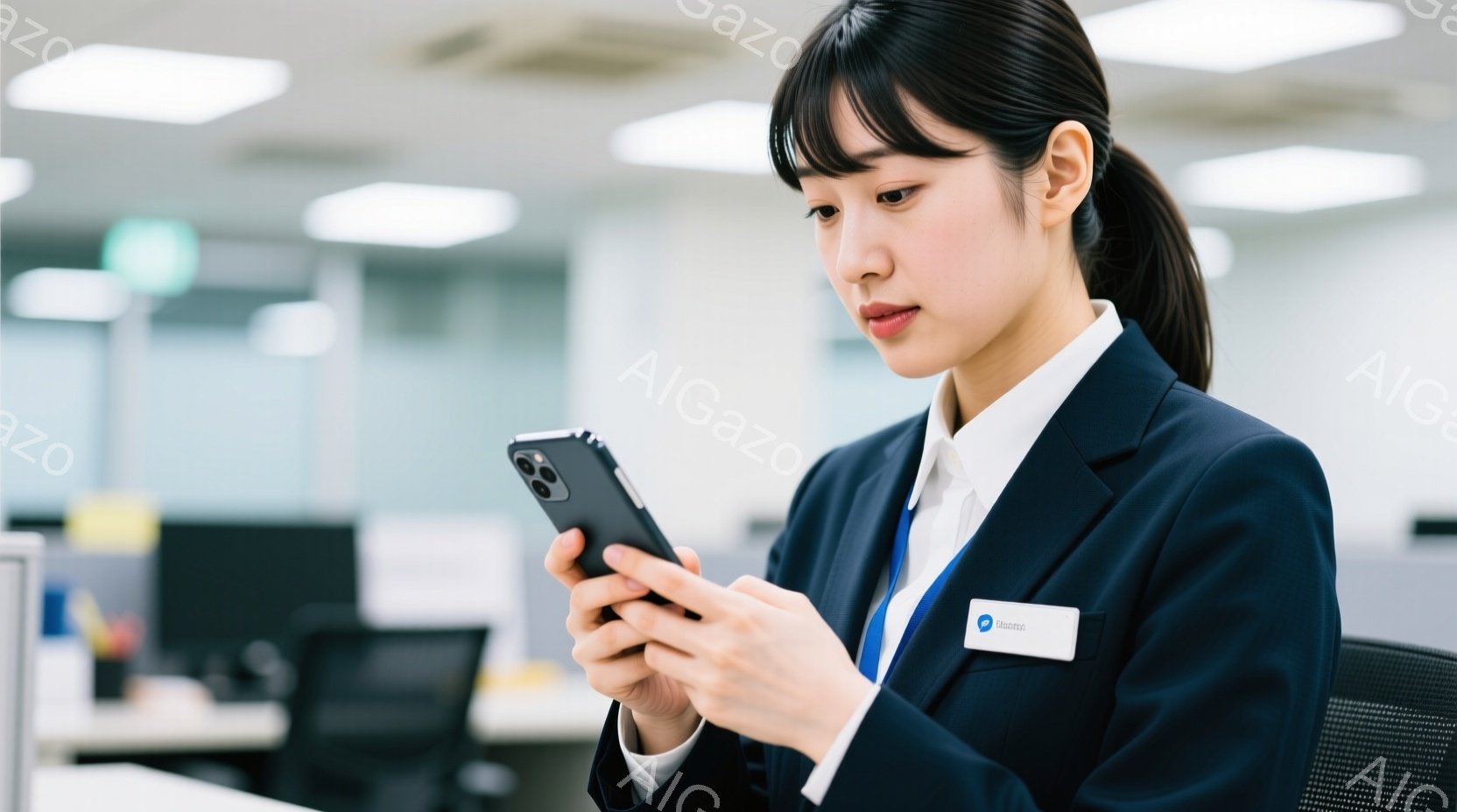 女性は紺色のスーツと白いシャツを着ており、胸には「Ayano」と書かれた名札をつけています。彼女はスマートフォンを両手で持ち、画面を熱心に見つめています。背景はオフィスで、デスクや椅子が見え、全体的に清潔でプロフェッショナルな雰囲気です。