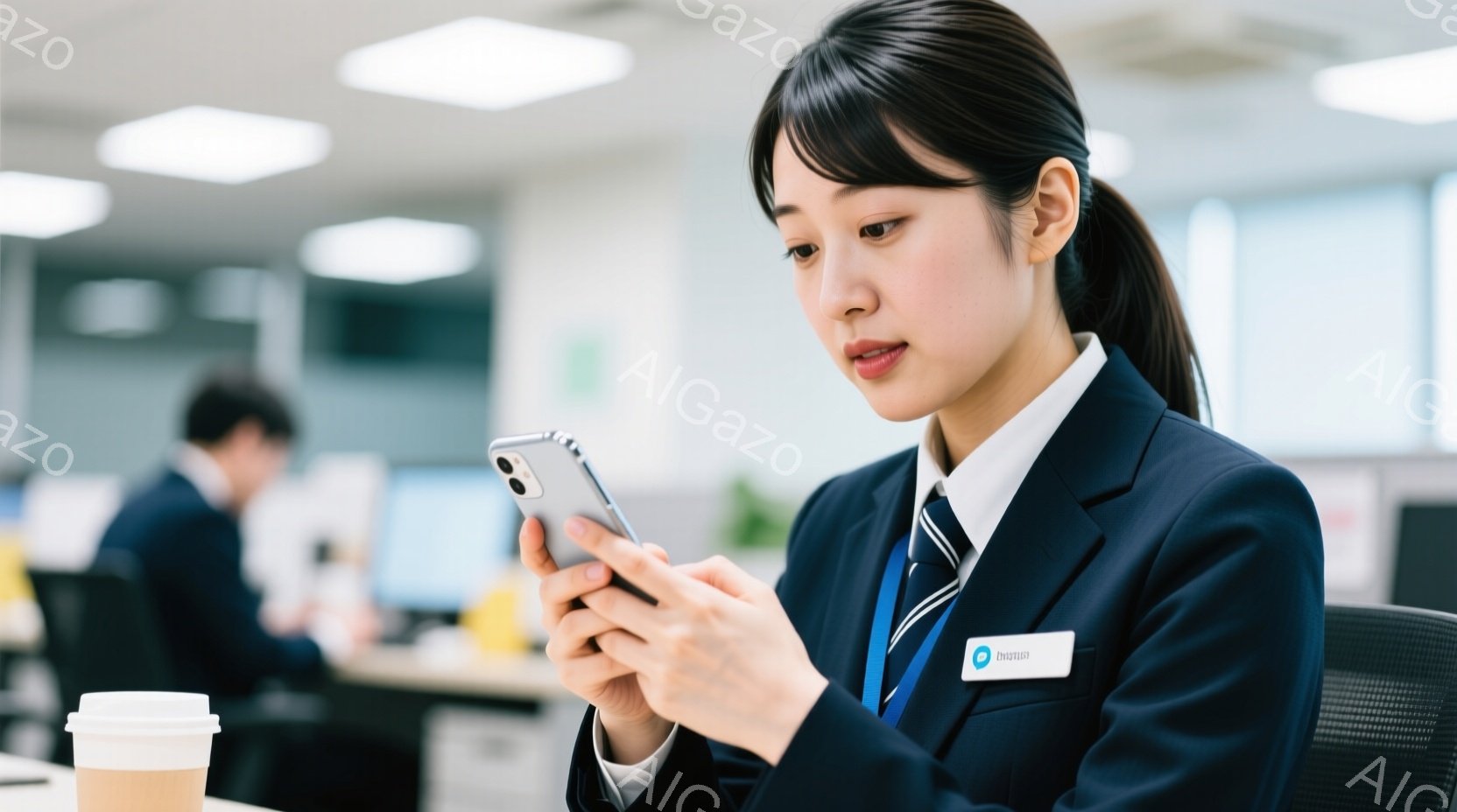 制服を着た若い女性がスマートフォンを操作している。彼女は黒髪で、真剣な表情で画面を見つめている。背景にはオフィスらしき場所があり、他の人もぼんやりと見える。 - AI生成フリー素材