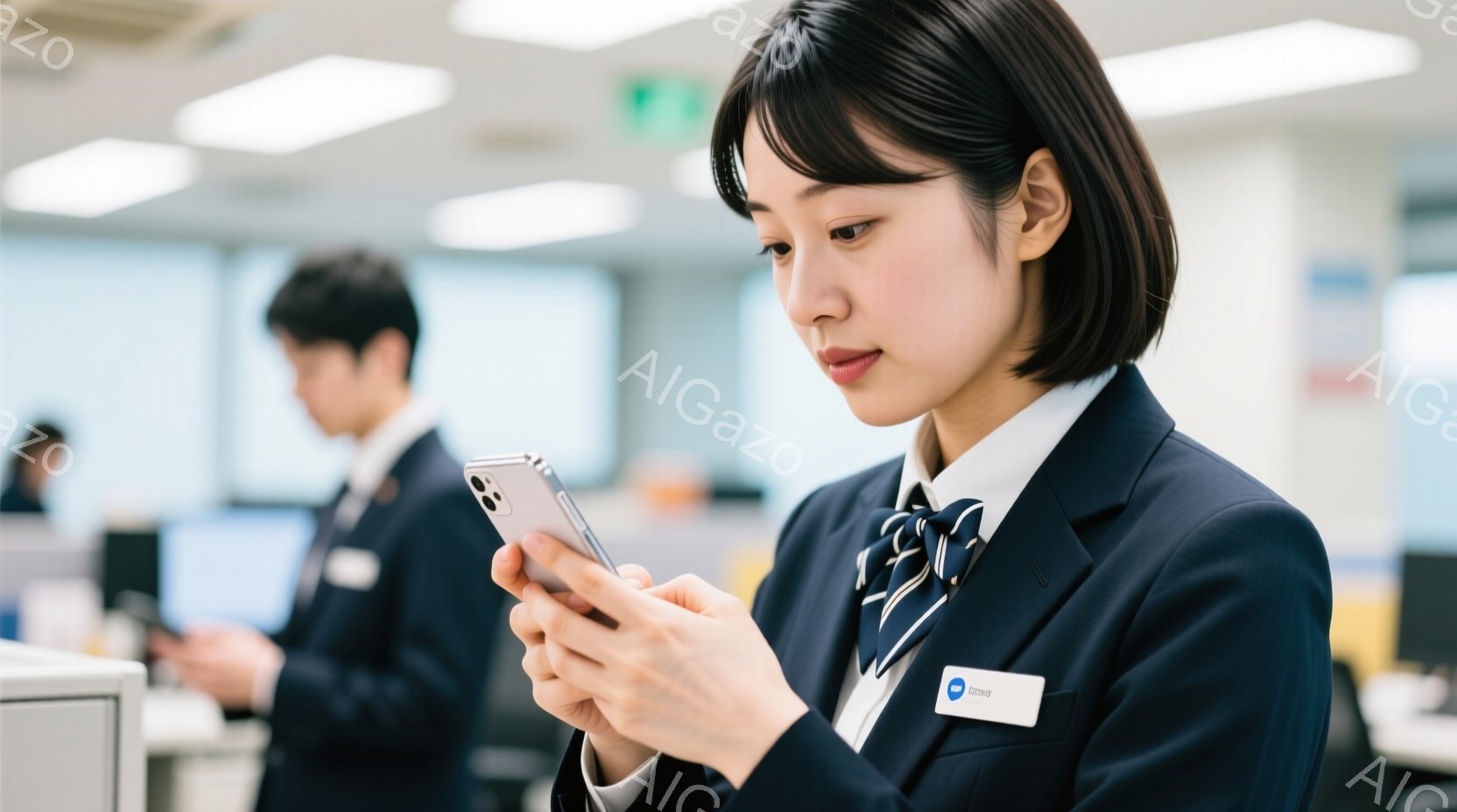 紺色のブレザーにネクタイ、白いシャツを着た女性が写っています。彼女はスマートフォンを手に持ち、画面を真剣な表情で見つめています。背景には、他の制服を着た人々がおり、オフィスのような室内で仕事をしている様子が伺えます。