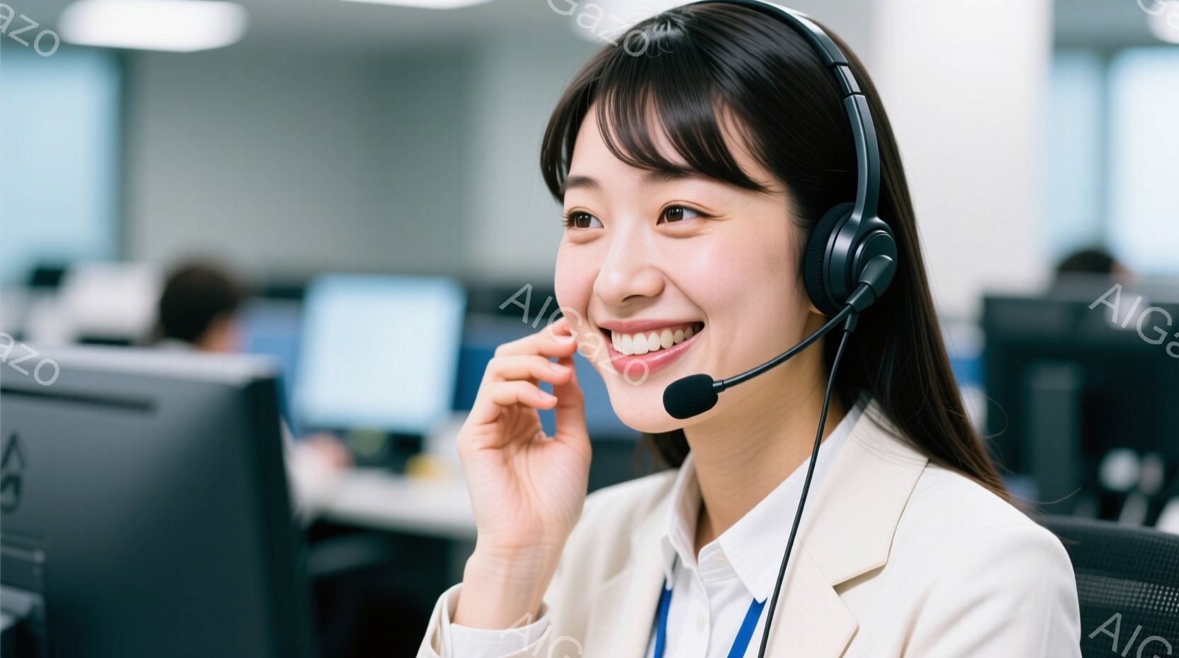 笑顔の女性がヘッドセットを装着し、片手を顔の横に添えて話している様子が写っている。ベージュのジャケットに青い身につけており、髪は肩まで伸びたストレートヘアで、明るく親しみやすい印象を与える。背景にはオフィスらしき空間がぼやけて写っており、他のスタッフも確認できるが、全体的に明るく、活気のある雰囲気が漂っている。