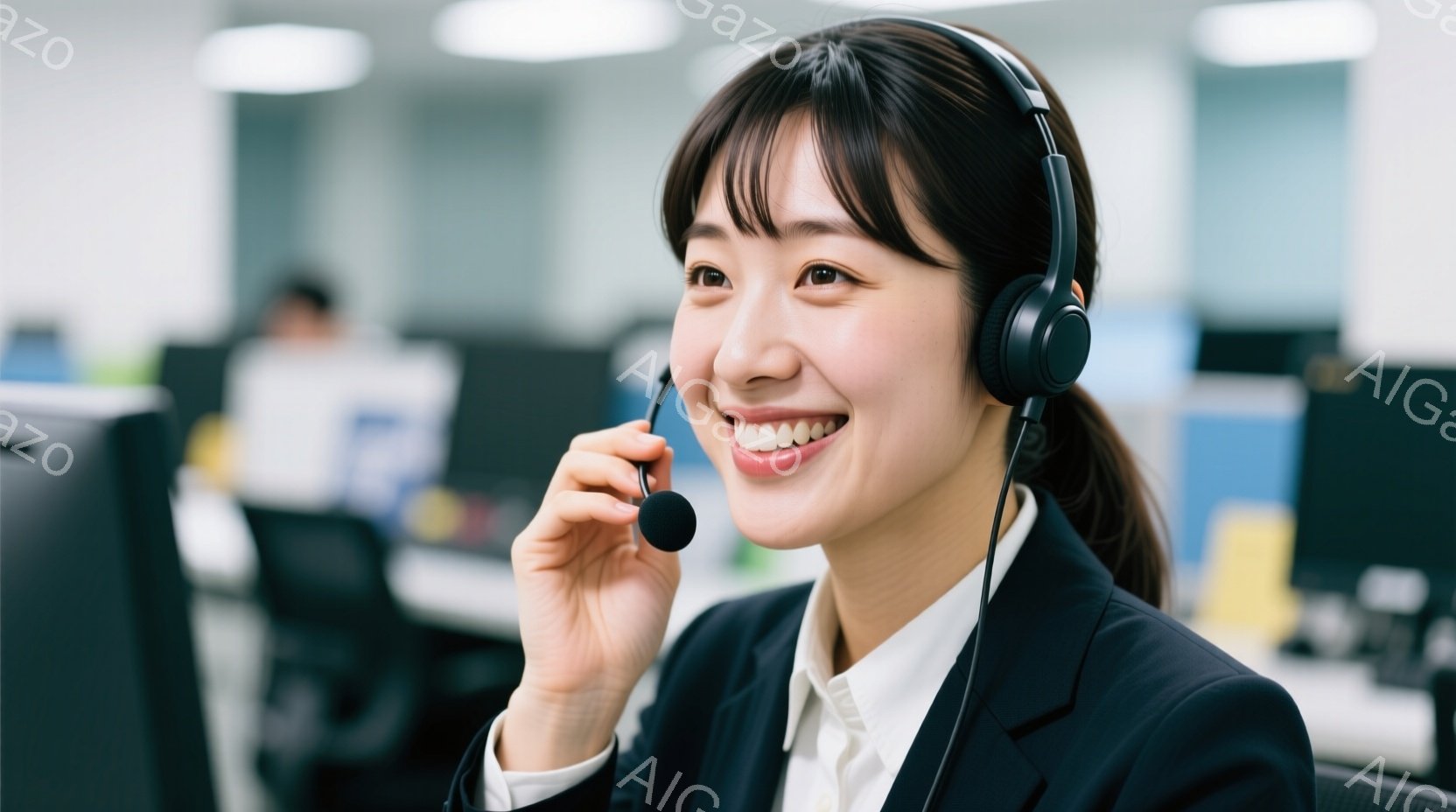 ヘッドセットを装着した若い女性が笑顔で電話を受けている様子を捉えています。彼女は白いブラウスと黒いジャケットを着ており、髪は後ろでポニーテールにまとめられています。背景には、他のオフィスワーカーがいる - AI生成フリー素材