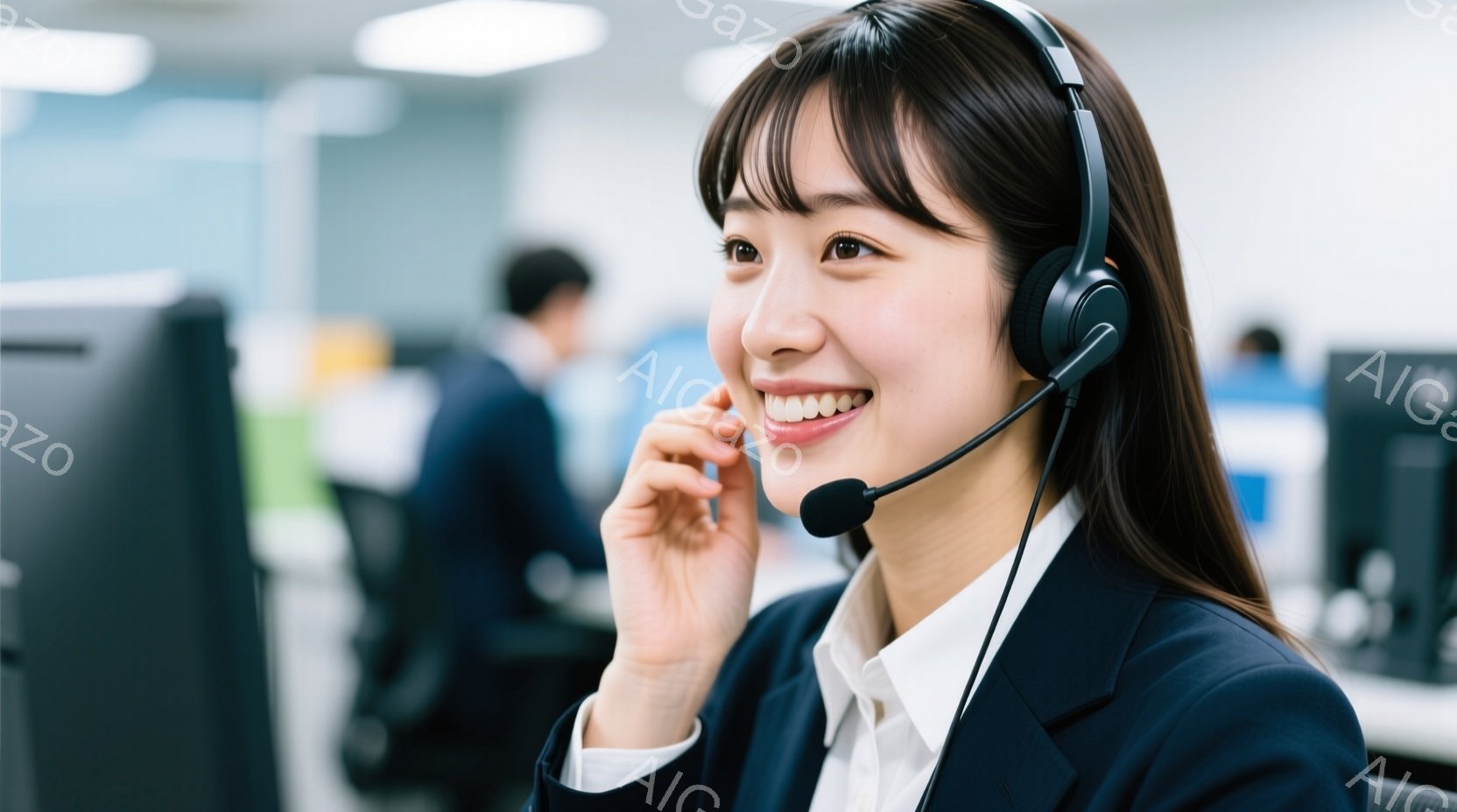 明るい笑顔の若い女性がヘッドセットを装着し、電話対応をしている様子が写っている。彼女は白いシャツに黒いジャケットを着用し、髪は肩にかかる長さで、前髪が少しある。背景にはオフィスらしき空間が広がり、他のスタッフもわずかに見える、活気のある雰囲気だ。