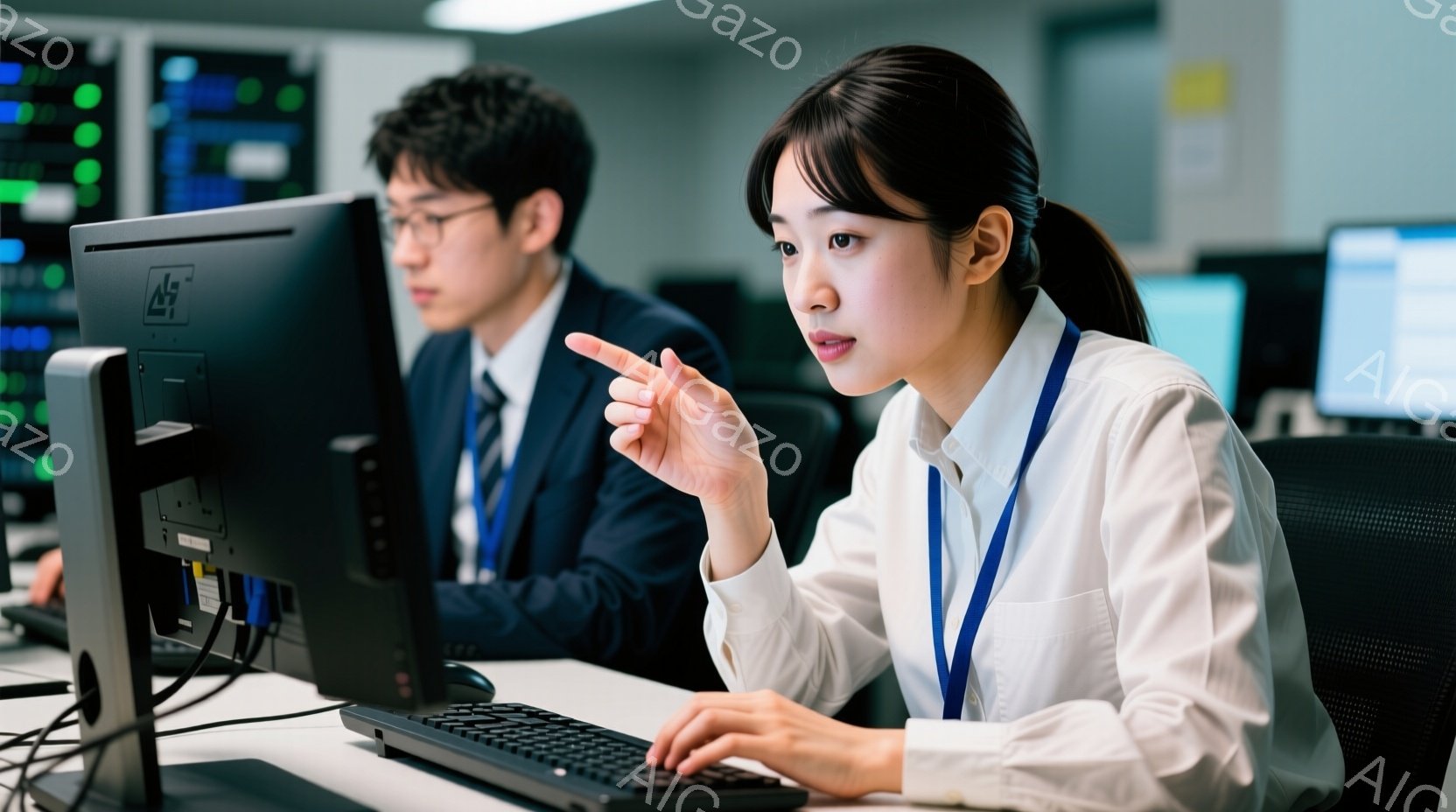 コンピューターの前で作業している男女が写っています。女性は白いシャツを着て髪を後ろで束ね、何かを指し示しながら真剣な表情をしています。背景にはサーバーや配線が密集しており、暗い室内で監視センターのよう - AI生成フリー素材