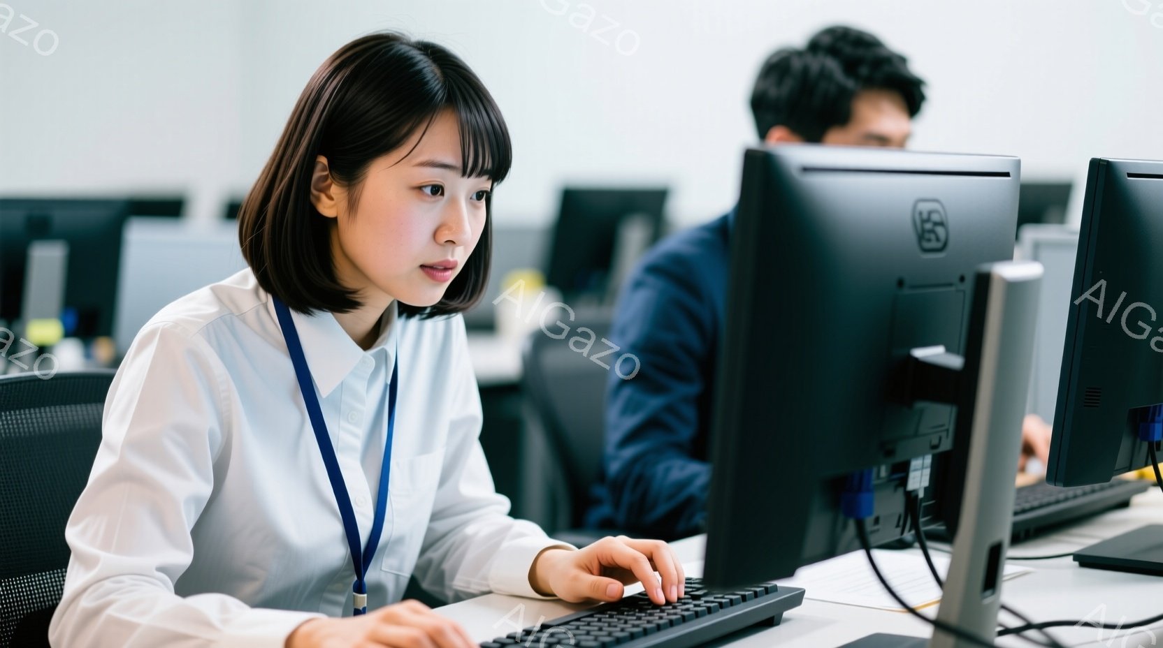 白いシャツを着て、首から身分証のようなものを下げた若い女性が写っている。彼女はコンピューターのキーボードを操作しており、集中した表情で画面を見つめている。背景には他のコンピューターと人々が見え、オフィ - AI生成フリー素材