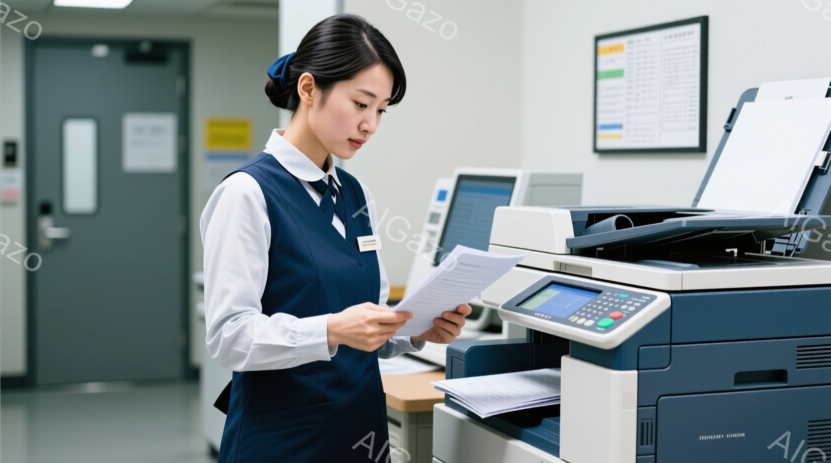 制服を着た若い女性がコピー機の前で書類を見ている。彼女は白いシャツに紺色のベスト、スカート姿で、髪は後ろでまとめており、真剣な表情で書類に目を通している。背景には他のオフィス機器や壁があり、全体的に清潔感のあるオフィス空間が広がっている。