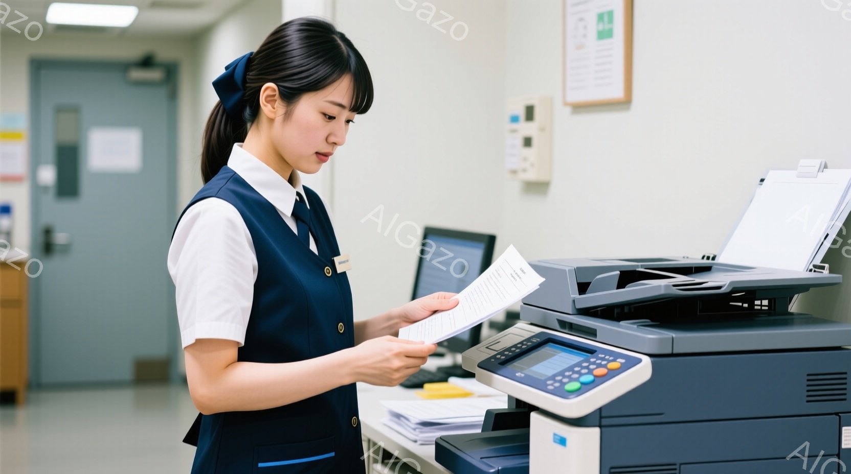 女性は紺色のベストと白いシャツを着ており、髪は後ろで結んでリボンで飾っています。彼女は書類を手に持ち、コピー機を見下ろしており、真剣な表情をしています。背景には、コピー機、デスク、壁、そして事務的な雰囲気のオフィスの一角が見えます。