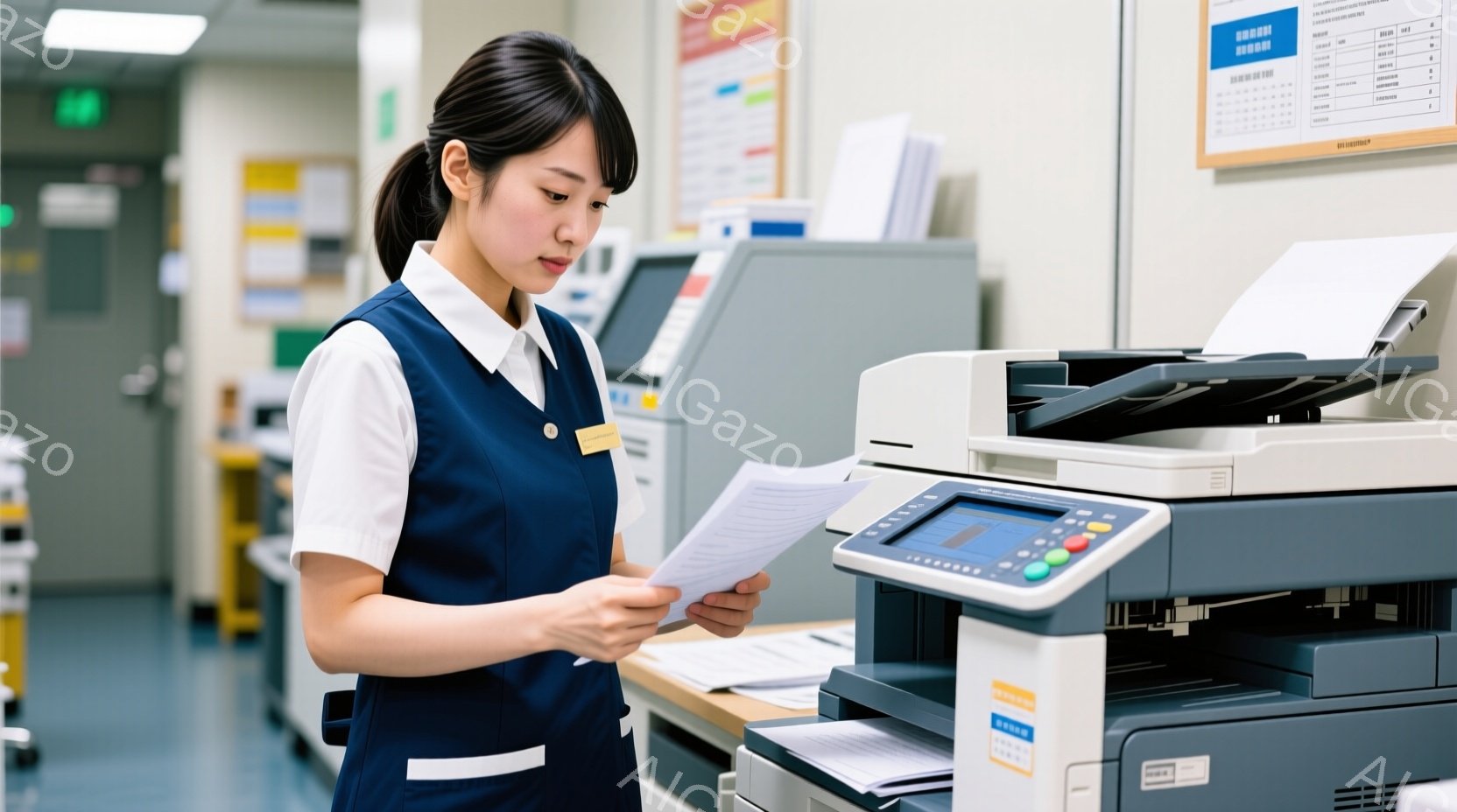 女性は紺色のベストと白のブラウスを着て、書類を見ながらコピー機を操作している。彼女は黒髪で、後ろで一つにまとめている。背景には他のオフィス機器やカレンダーが見え、清潔で明るいオフィス内の様子が伺える。