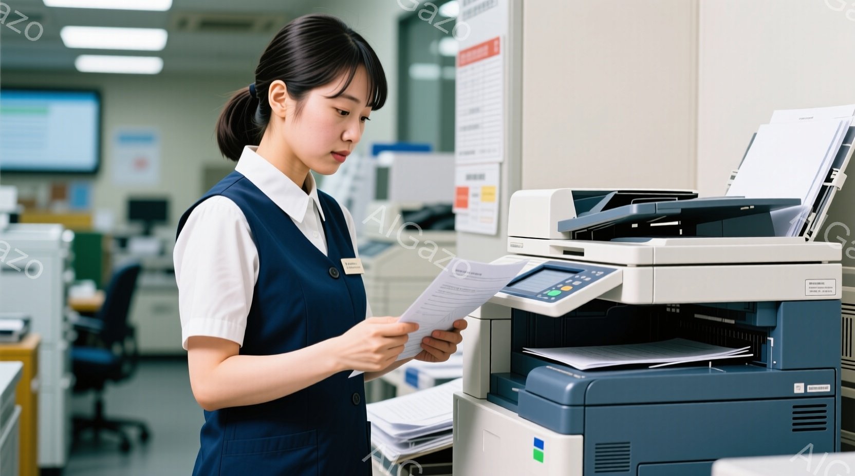 女性は紺色のベストと白いシャツを着て、書類を手にコピー機の前で立っています。彼女は髪を後ろでまとめ、真剣な表情で書類を確認しているようです。背景には他のオフィス機器や机が見え、明るく清潔なオフィス環境 - AI生成フリー素材