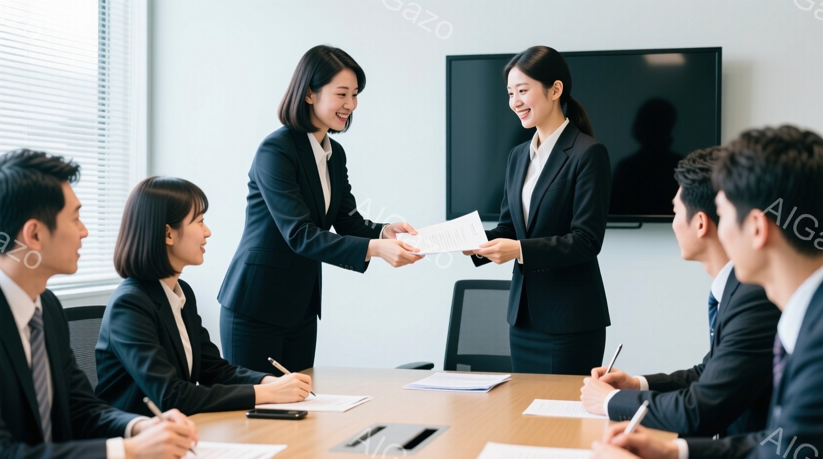 会議室で、女性が書類を男性に手渡している場面だ。彼女は黒いスーツに白いシャツを着ており、微笑んでいる。テーブルを囲む他の参加者たちは皆、スーツ姿で、ペンを手に何かを書き込んでいるか、書類を見ている。