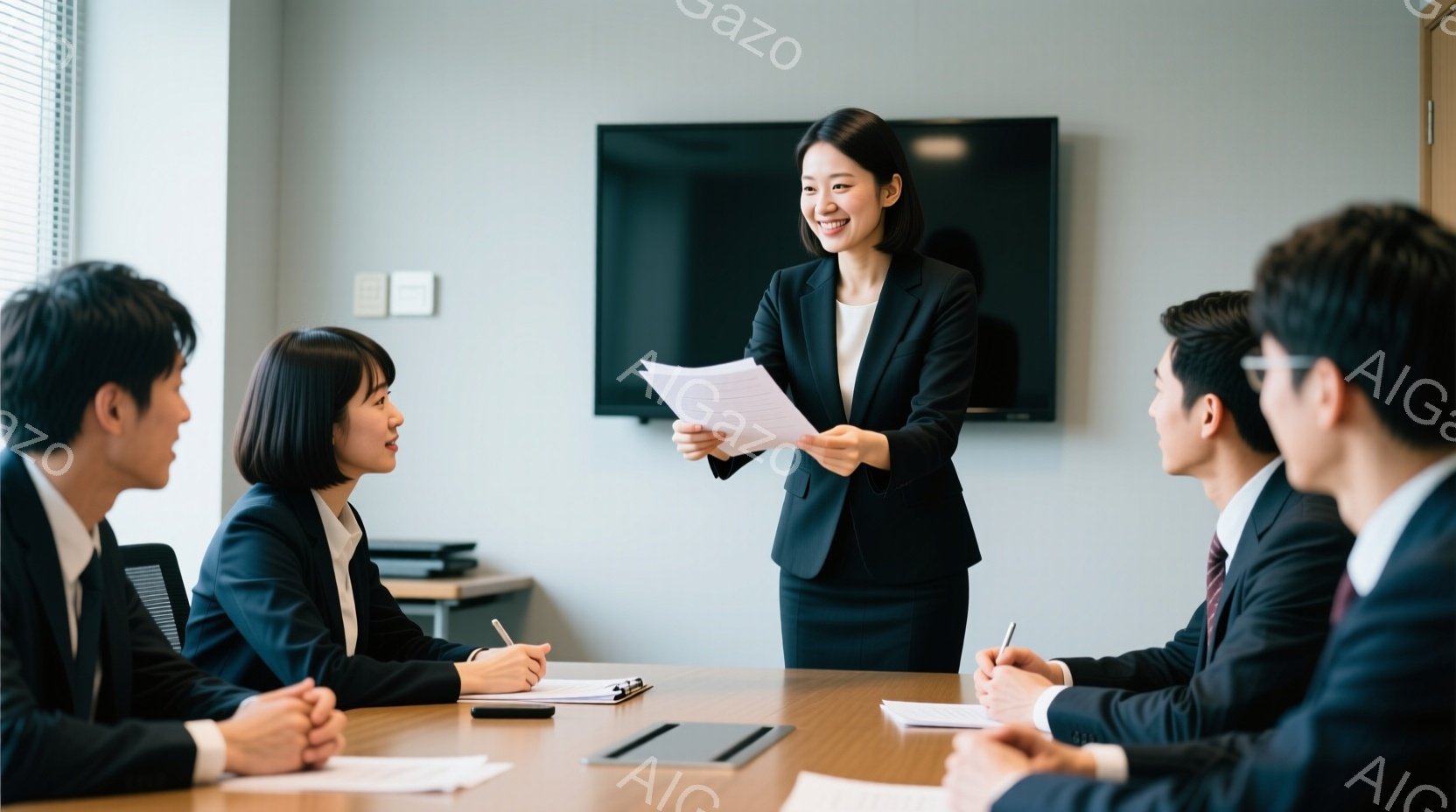 会議室で、女性が書類を手に立ってプレゼンテーションを行っています。彼女は黒いスーツに白いシャツを着ており、笑顔で聴衆を見つめています。他の参加者はテーブルを囲み、スーツ姿でメモを取りながら彼女の話に耳を傾けており、全体的にビジネスライクで活気のある雰囲気が漂っています。