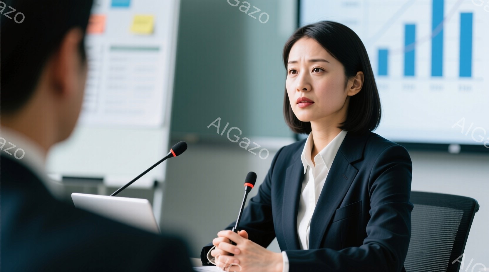 黒いスーツに白いシャツを着た女性が、講演をしている様子がうかがえる。彼女は手を組み、真剣な表情で何かを説明しているようだ。背景にはグラフが表示されたスクリーンがあり、ビジネスシーンであることがわかる。