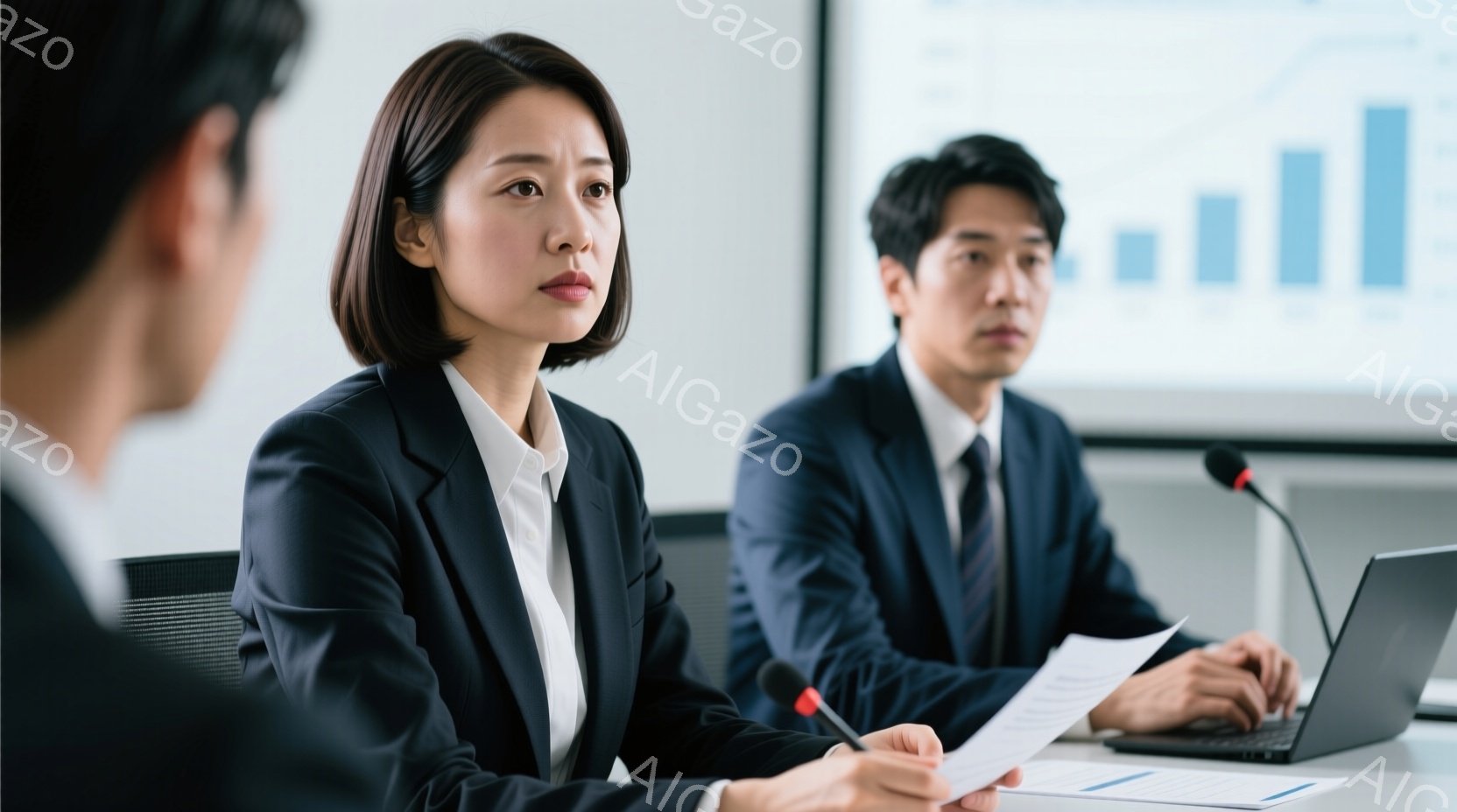紺色のスーツを着た女性が、メモを取りながら何かに集中している様子が伺える。彼女は肩までの長さの黒髪で、やや真剣な表情をしている。背景には、グラフが表示されたスクリーンと、ノートパソコンを操作する男性社員がおり、会議室のようなビジネスシーンを表している。