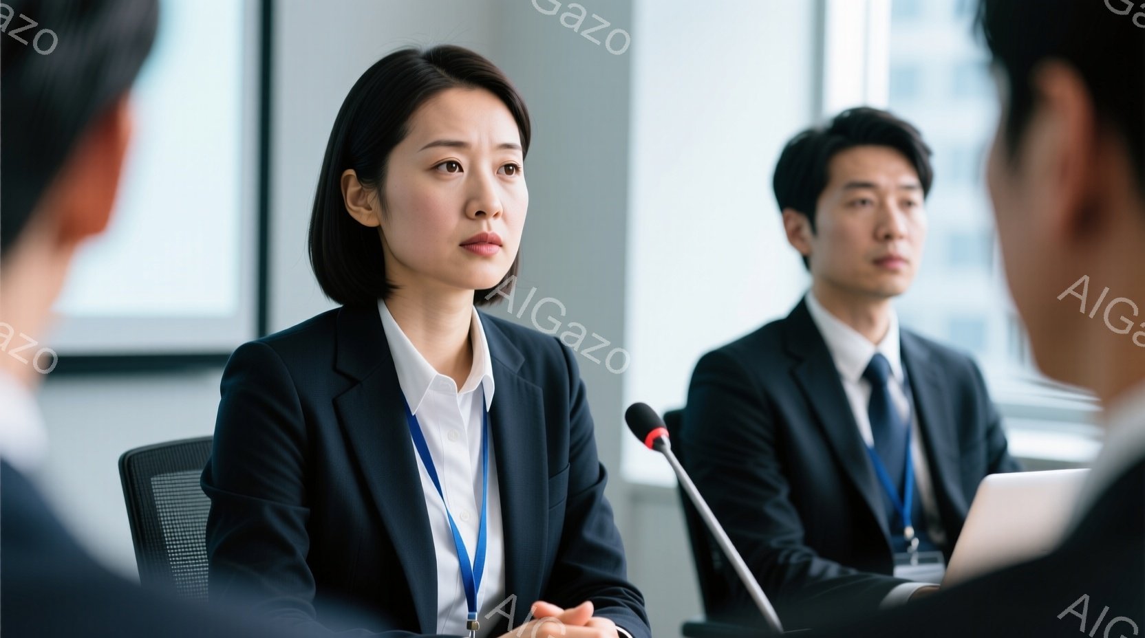 紺色のスーツを着た女性が映っており、髪は短く、落ち着いた表情をしています。彼女は話し中らしく、片手を少し挙げています。背景には他の参加者がおり、会議室のような室内で、モダンな雰囲気です。 - AI生成フリー素材