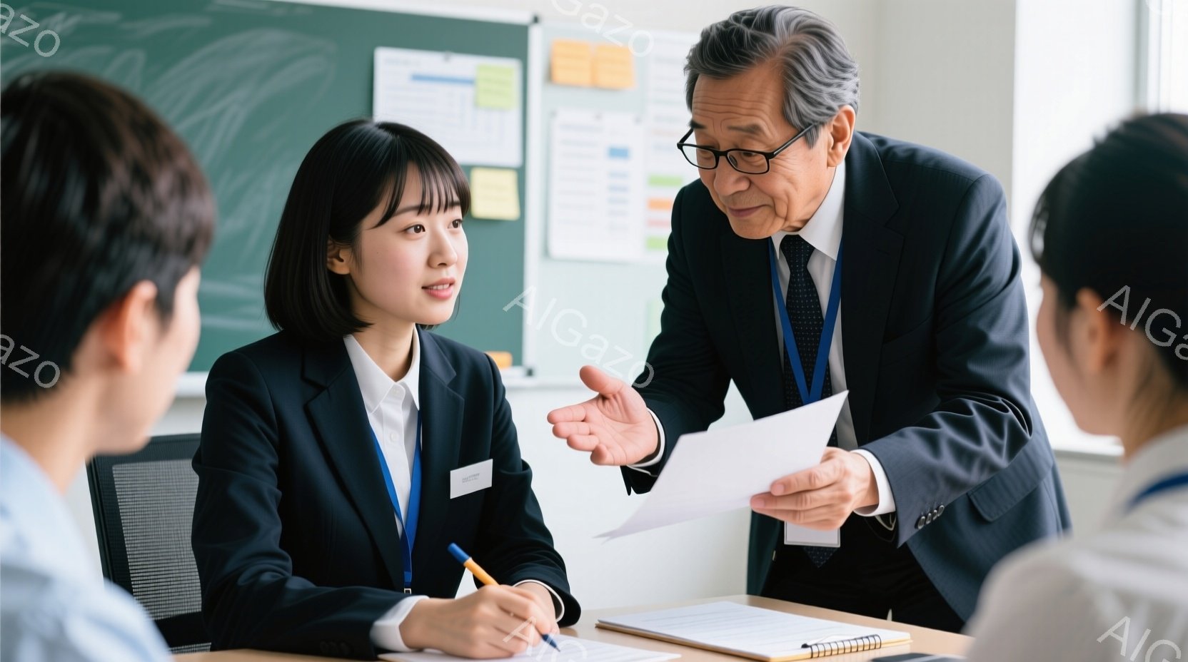 若い女性が紺色のブレザーを着ており、ショートヘアで穏やかな表情を浮かべている。年配の男性はスーツ姿で、何かを説明するかのように書類を手に広げ、身振り手振りを交えて話している。背景には白板があり、会議室のような場所で、全体的に真剣で活発な雰囲気である。