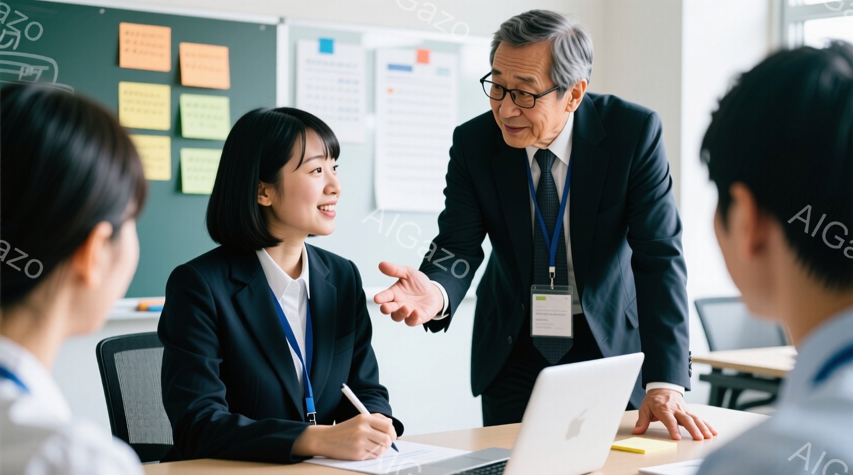 一人の年配の男性と若い女性が、明るい教室でテーブルを囲んで座っています。男性はスーツにネクタイ姿で、何かを説明しているようなジェスチャーをしています。女性は黒いジャケットを着ており、ペンを手に何かをメモしている様子で、笑顔を見せています。