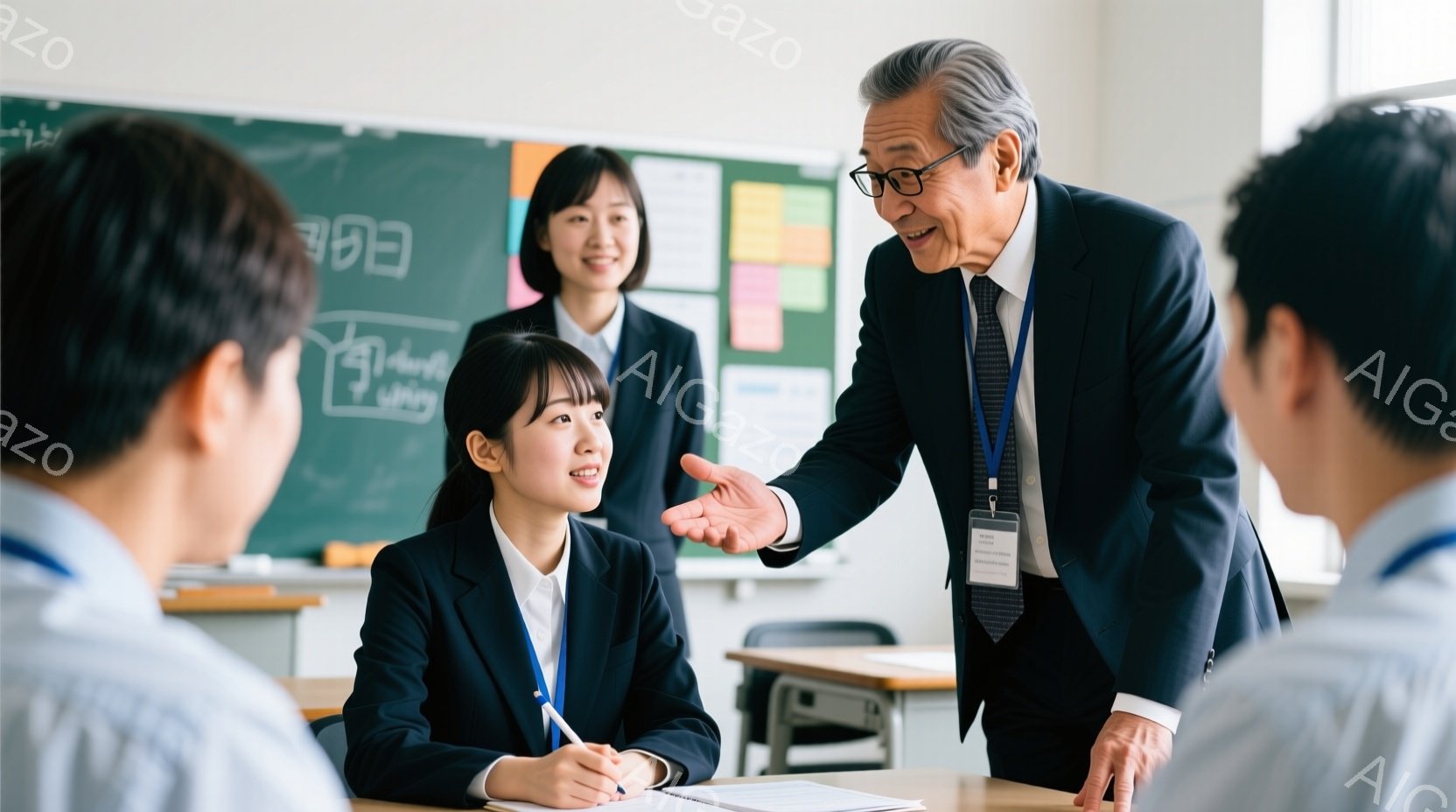 教室で、制服を着た女子生徒が前に座り、ペンを手に何かを書き込んでいる。年配の男性教師は、生徒に向かって何かを説明しているようで、身振り手振りを交えて熱心に話している。背景には他の生徒や黒板が見え、全体的に明るく活気のある授業風景が感じられる。