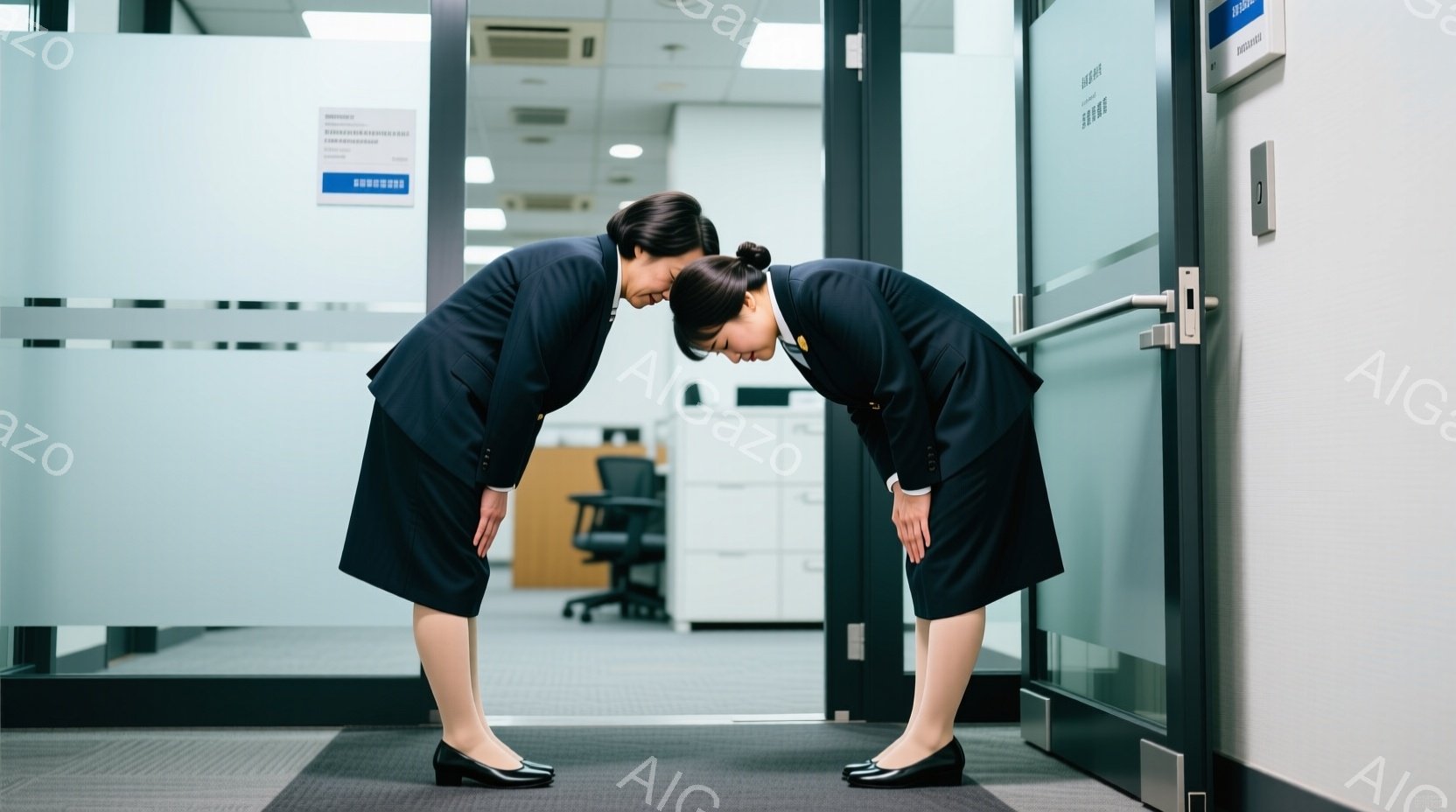 紺色のスカートスーツに身を包んだ二人の女性が、深くお辞儀をしている様子が写っています。彼女たちは黒いパンプスを履き、髪は後ろでまとめています。背景はオフィス内の廊下で、事務机やドアが見え、全体的に丁寧で敬意を表す雰囲気が漂っています。