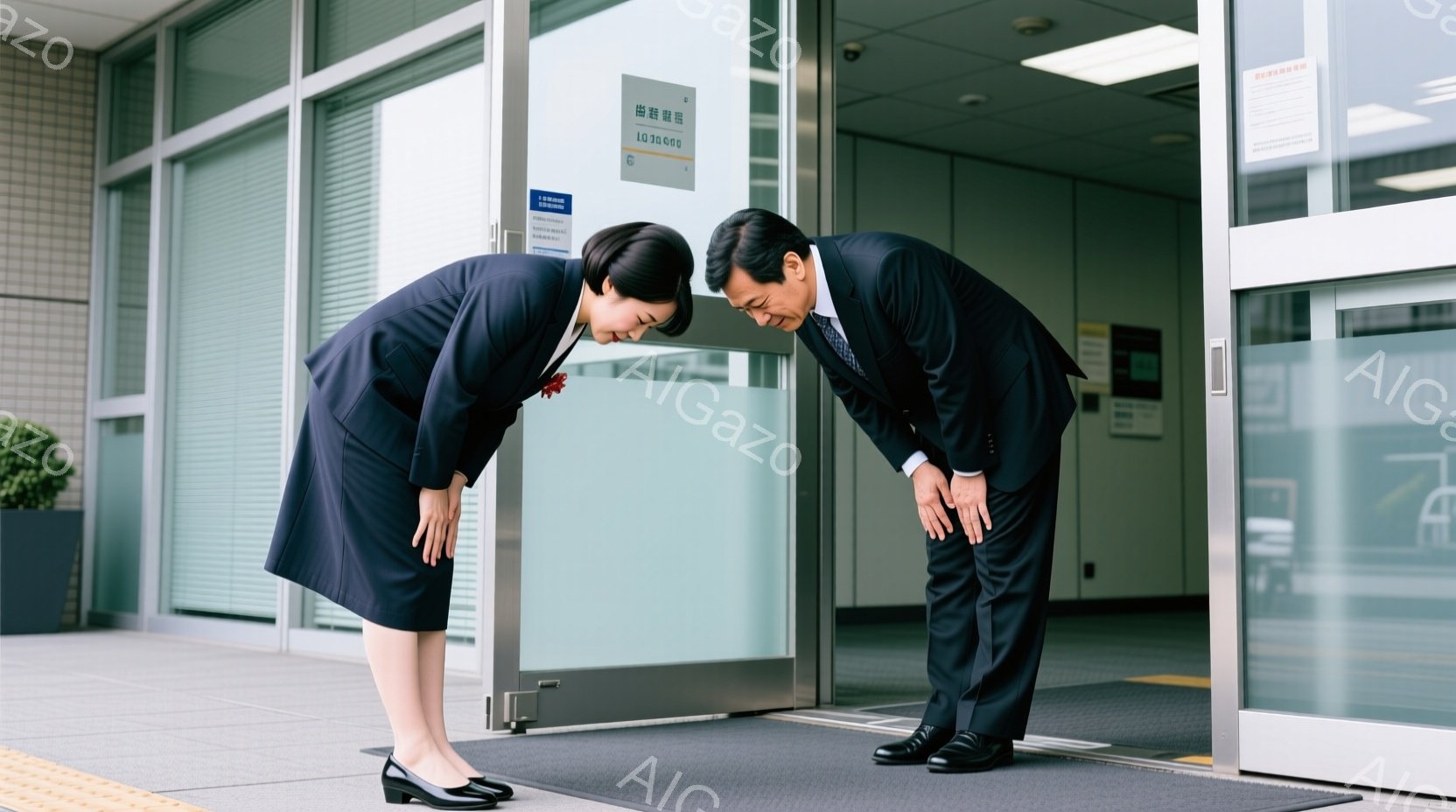 ビジネススーツを着た若い女性と年配の男性が、玄関の敷居で深々と頭を下げている様子が写っています。女性は黒いワンピーススーツに黒いパンプスを履き、男性は黒いスーツにネクタイを締め、黒い革靴を履いています - AI生成フリー素材
