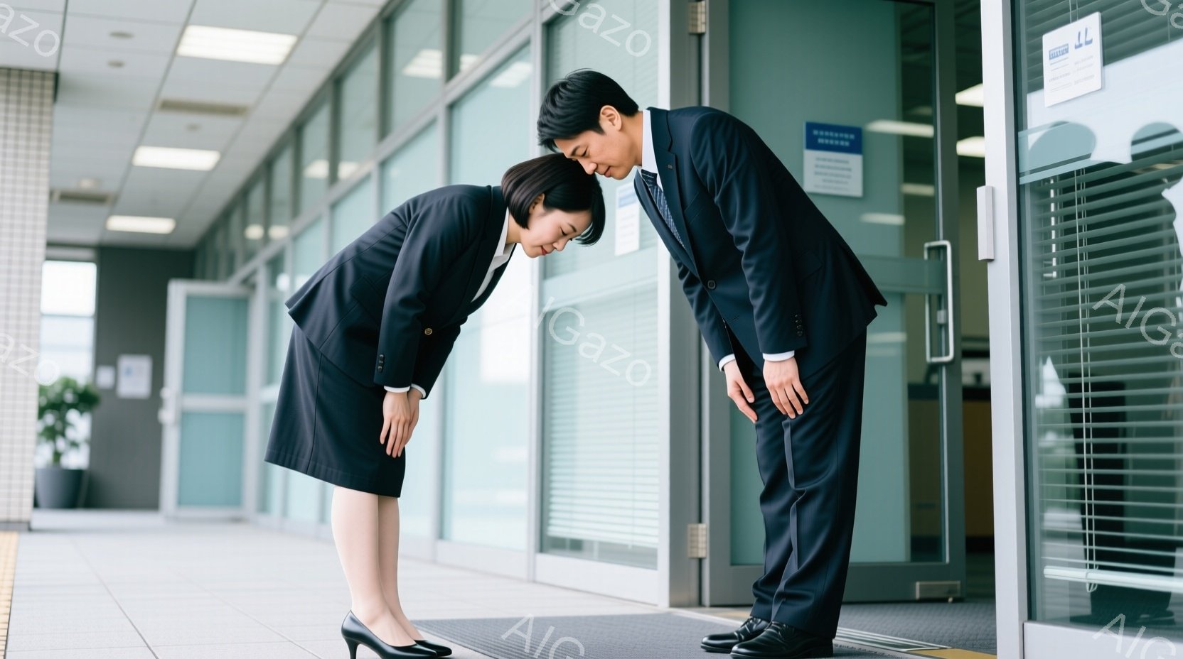 スーツを着た男女が、玄関の前で深くお辞儀をしています。女性は黒いワンピース型のスーツにハイヒールを履き、男性は黒いスーツを着ています。背景にはガラス張りのドアとオフィスのような室内、そして植物が見え、全体的にビジネスシーンの礼儀正しさを感じさせる雰囲気です。