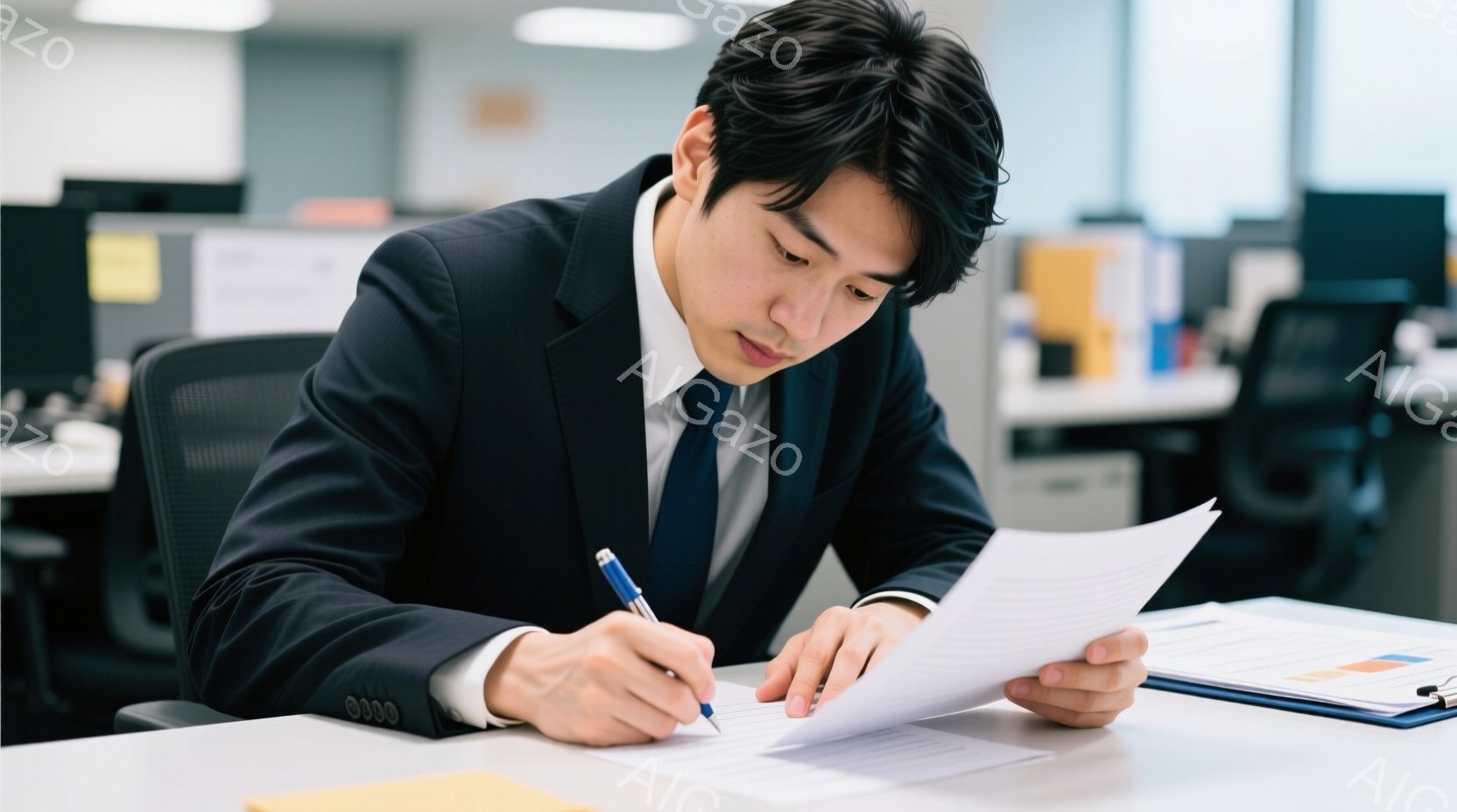 スーツとネクタイを着用した若い男性が、書類にペンで書き込みをしている。彼は少し前かがみの姿勢で集中しており、真剣な表情をしている。背景にはオフィスらしき空間が広がり、他の机や椅子が見える。 - AI生成フリー素材
