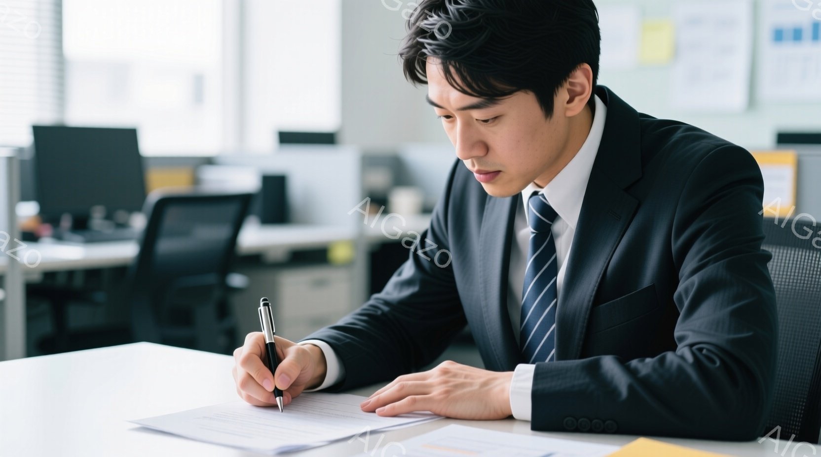 スーツとネクタイを着用した男性が、書類にペンで書き込みをしている様子が写っている。彼は少し前かがみの姿勢で集中しており、表情は真剣だ。背景にはオフィスらしき空間がぼやけて写っており、他のデスクや椅子が - AI生成フリー素材