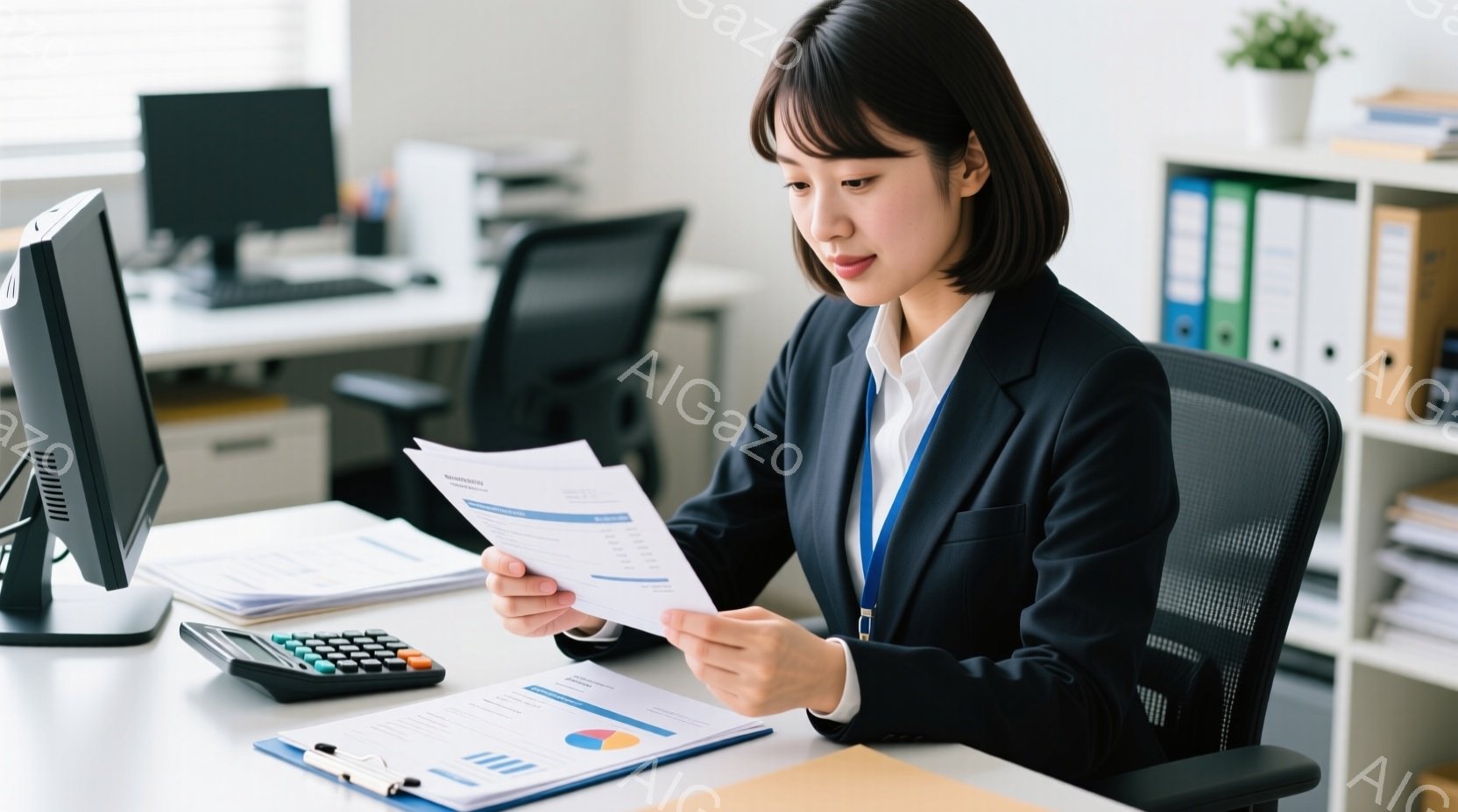 日本語に翻訳します：「職場で業務を行う女性。ビジネススーツ、髪は乾燥のような形状、表情は集中的である。デスクには計算機が設置されており、その周囲には文書やファイルが散らばっている。背景には白壁と窓が見え、室内で撮影されたような雰囲気がある。」