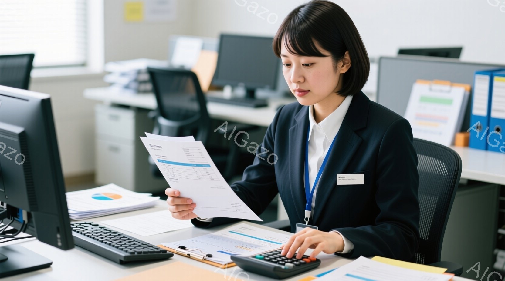 女性は黒いジャケットと白いブラウスを着て、オフィスで書類と電卓を使って作業しています。彼女は黒髪で、真剣な表情で書類を見つめながら電卓を操作しています。背景には他のデスクとオフィス用品が見え、集中して仕事に取り組む雰囲気が伝わってきます。