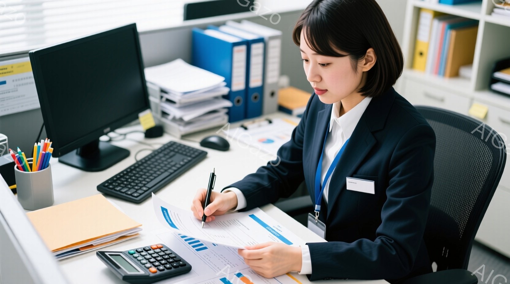 紺色のスーツを着た女性が、オフィスで書類にペンで書き込んでいます。彼女は黒髪で、真剣な表情で仕事に集中しており、姿勢も優れています。背景にはパソコン、電卓、ファイルボックスが並び、整然としたオフィス環境が窺えます。
