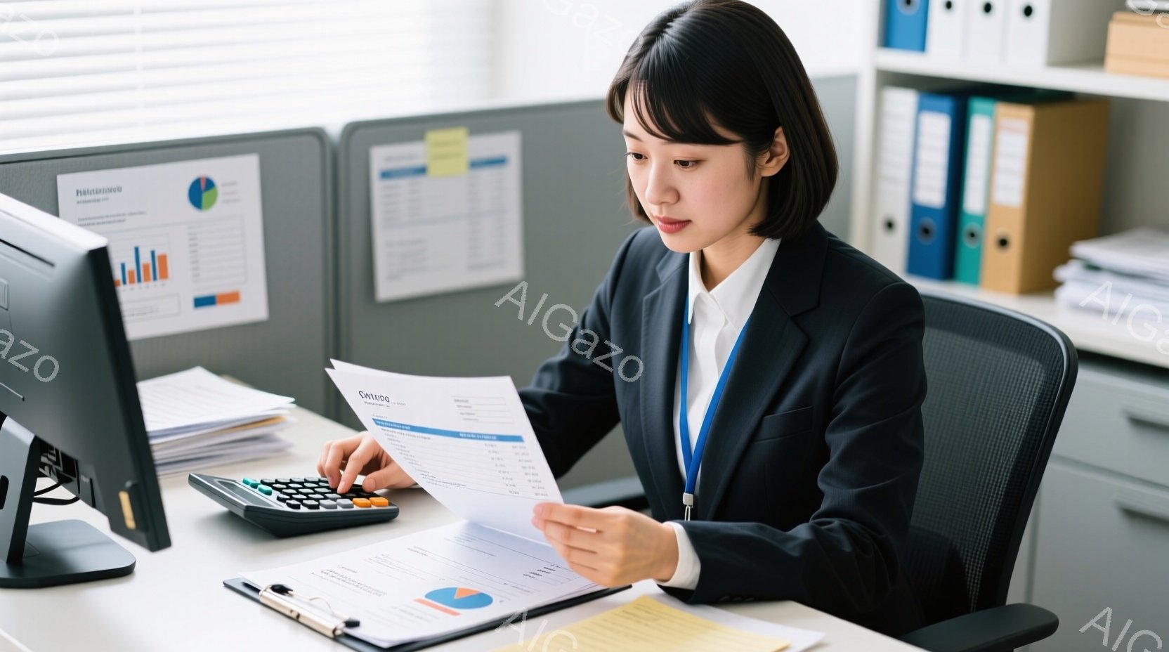 紺色のスーツを着た若い女性が、オフィスで書類と電卓を見ながら仕事をしています。彼女は黒髪で、真剣な表情で前方に視線を向けており、姿勢もきちんとしています。背景にはオフィス内の区切りや書類棚が見え、全体的に落ち着いた雰囲気です。