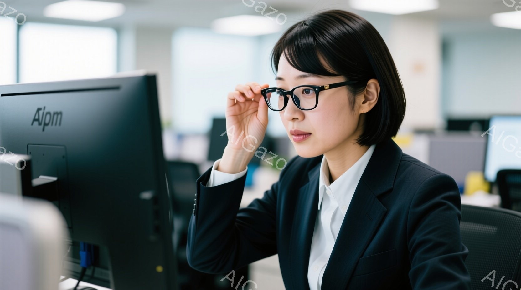 黒いスーツと白いシャツを着た若い女性が写っています。彼女はメガネをかけ、コンピューター画面を見つめながら、やや真剣な表情をしています。背景にはオフィスらしき空間が広がり、他のデスクやオフィス機器が見え - AI生成フリー素材