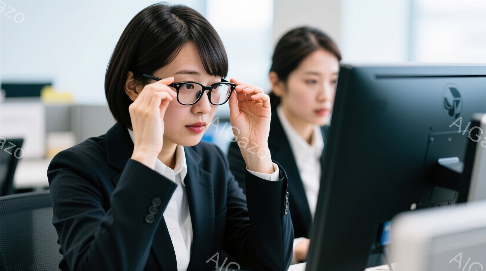 オフィスで働く若い女性二人組が写っています。片方の女性は黒いスーツと白いシャツを着ており、眼鏡をかけて顔の近くで調整しています。もう一人の女性は背中に座って、コンピュータ画面を見つめ、真剣な表情をして - AI生成フリー素材