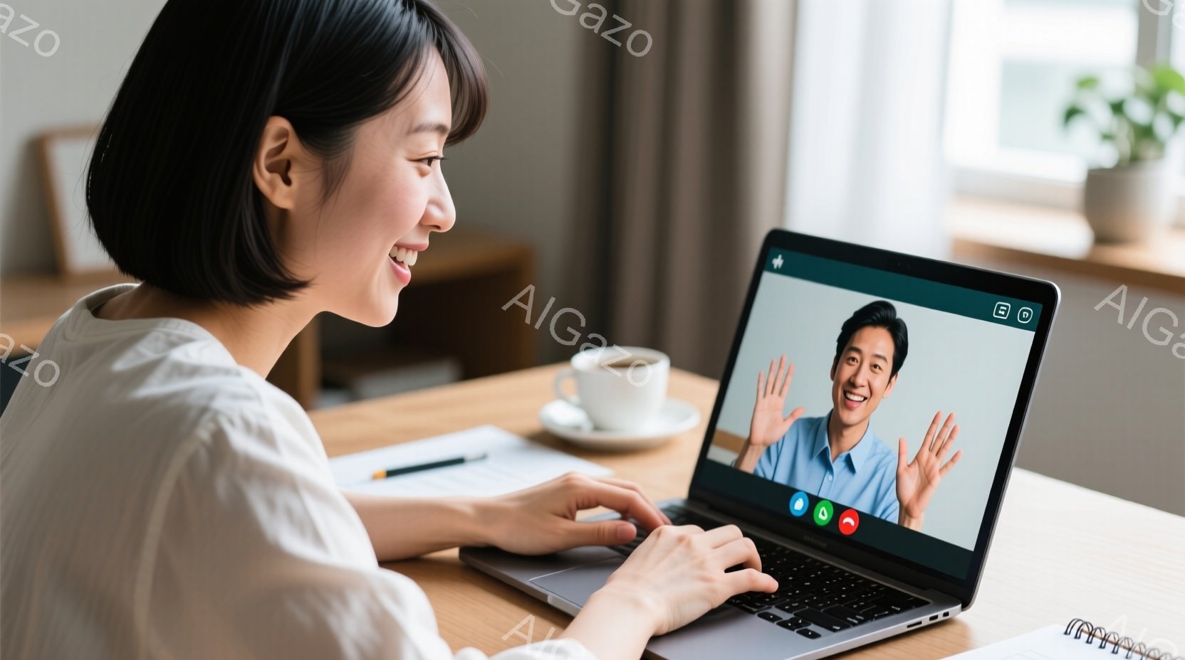 女性は白いブラウスを着ており、短い黒髪で、画面を見ながら微笑んでいます。彼女はノートパソコンのキーボードを操作しており、テーブルの上にはコーヒーカップとノートが置かれています。背景は明るい部屋で、木製 - AI生成フリー素材