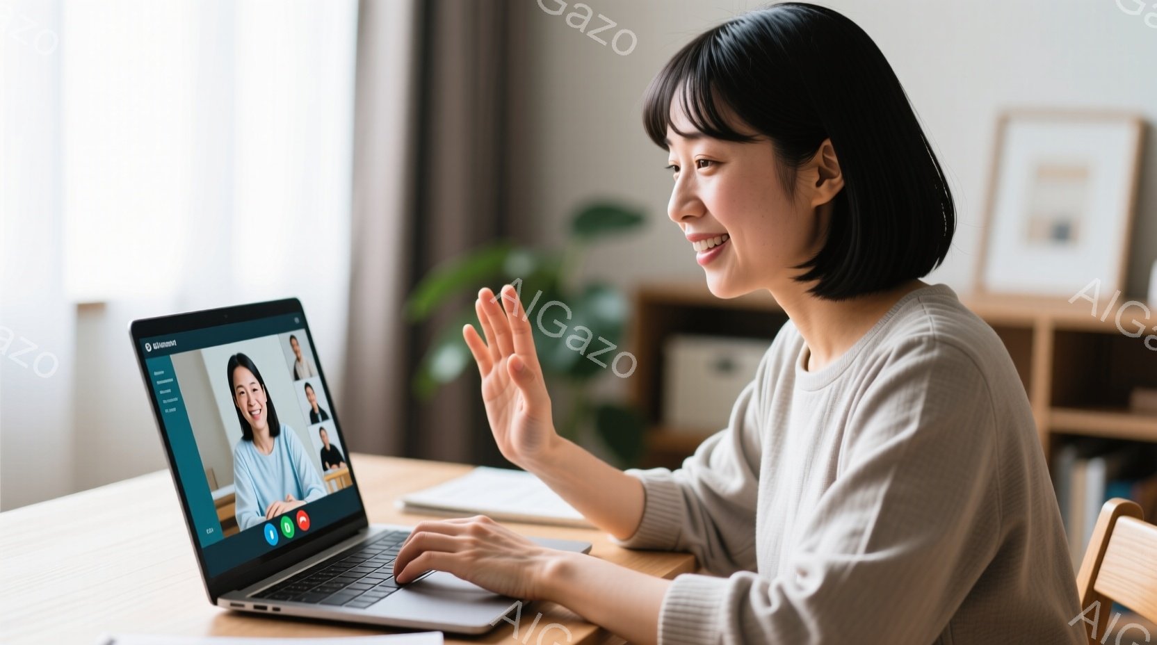 女性はベージュ色のセーターを着ており、短くてダークブラウンのヘアスタイルです。彼女はパソコンに向かって手を振っており、笑顔で画面を見つめています。背景は明るい部屋で、壁には絵が飾られており、穏やかで友好的な雰囲気です。