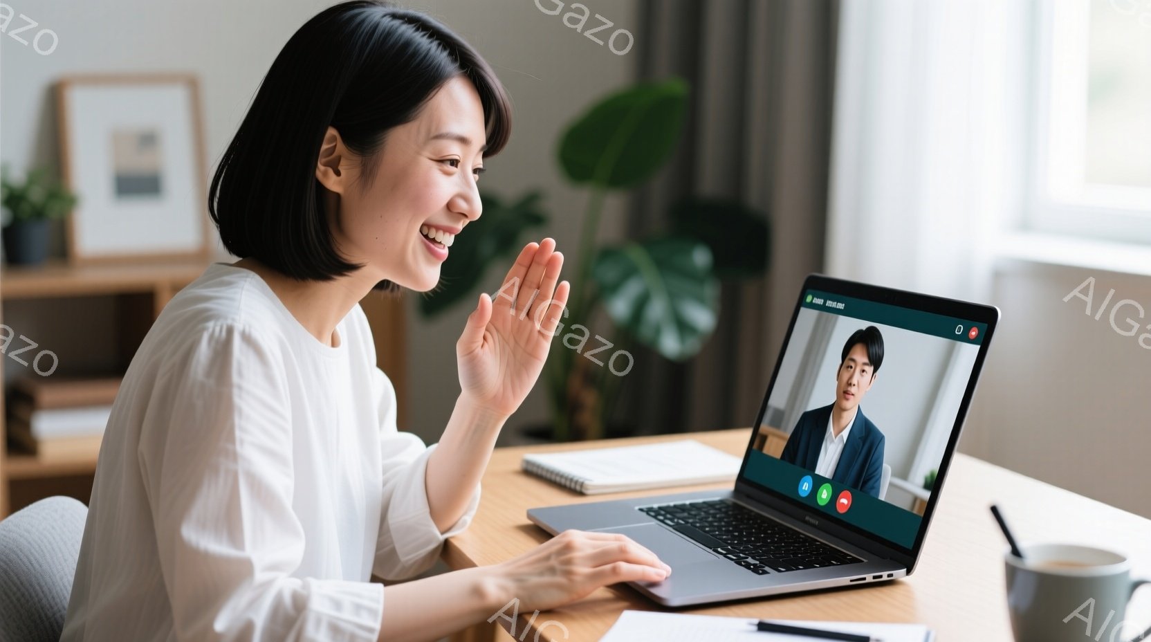女性は白いブラウスを着ており、短いダークブラウンのヘアスタイルです。彼女はパソコンの画面を見ながら手を上げており、笑顔で明るい表情をしています。背景には木製の机、観葉植物、そして一部見える部屋の内装が - AI生成フリー素材