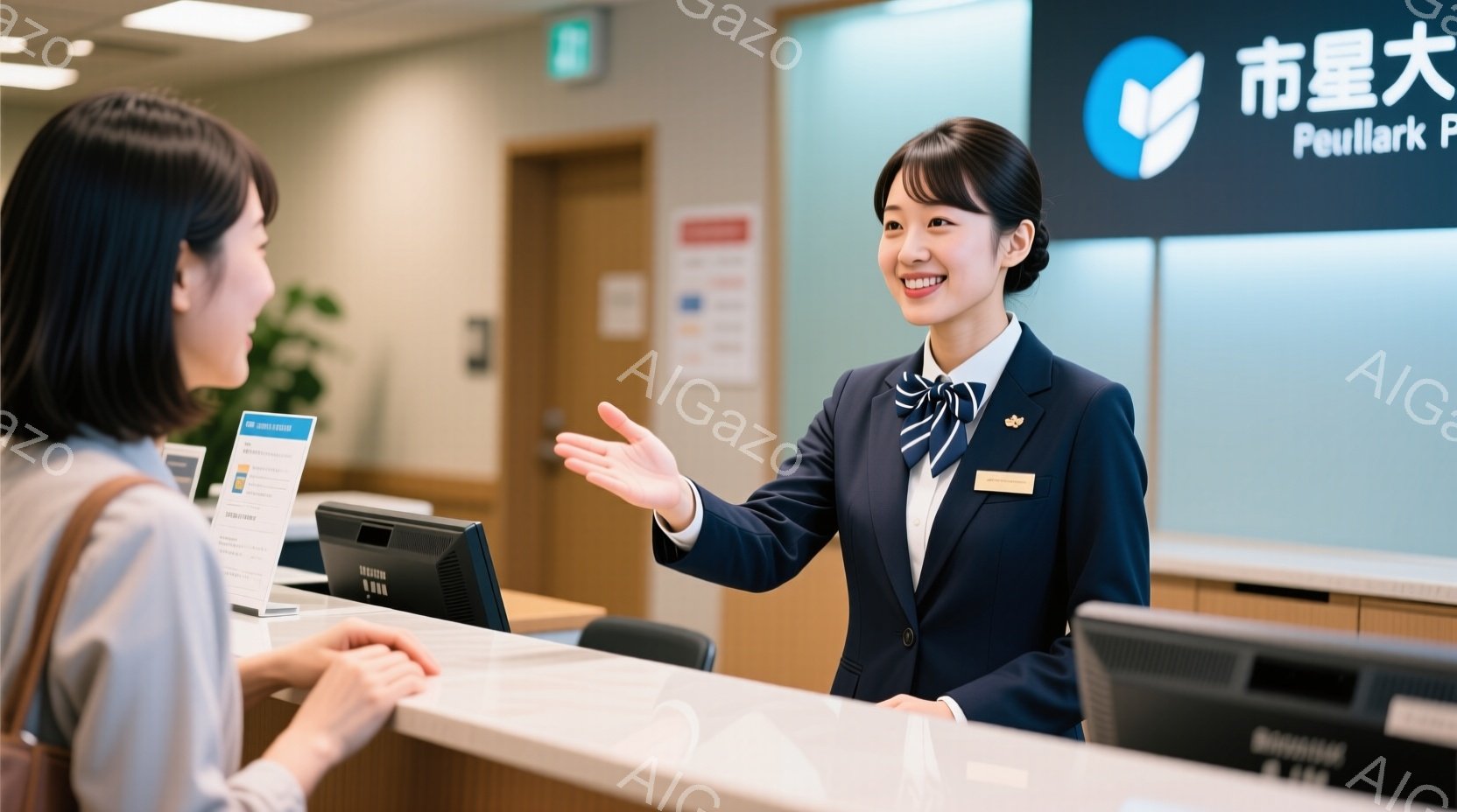 受付カウンターで、紺色のジャケットとブラウスを着た女性が、笑顔で両手を広げて何かを説明している様子が写っている。彼女は明るい茶色の髪を肩まで伸ばし、丁寧な印象を与える。背景には受付カウンターと壁があり - AI生成フリー素材