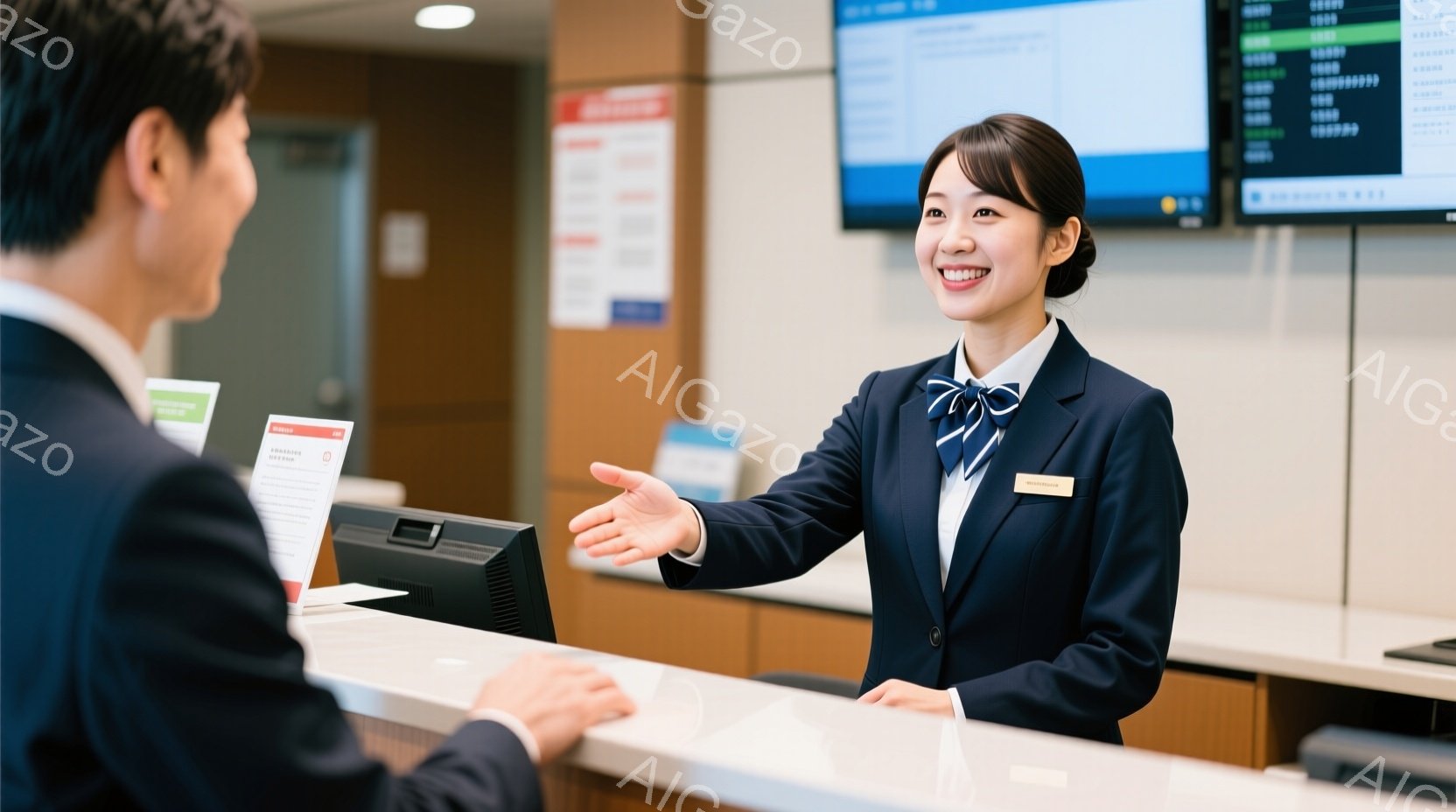 女性は紺色のスーツに水色のネクタイ、名札をつけて笑顔で立っています。彼女は片手を前に出し、何かを案内しているようなジェスチャーをしています。背景には受付カウンターとデジタルディスプレイがあり、明るく清 - AI生成フリー素材