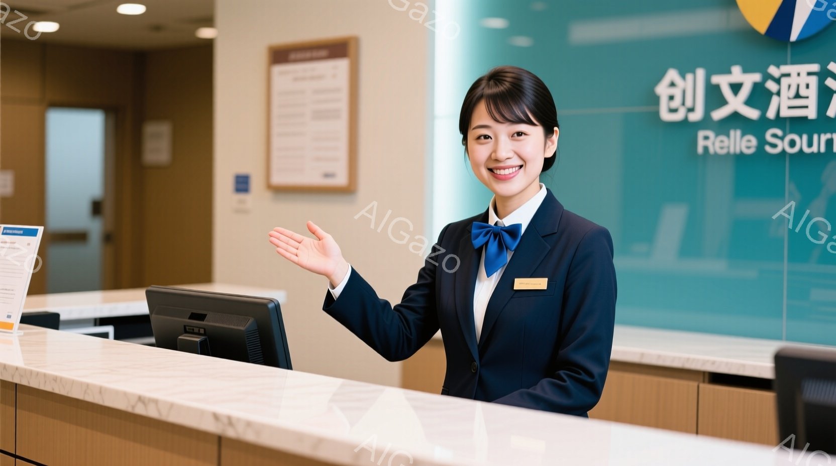 制服を着た若い女性が受付カウンターに立っている。彼女は濃い青色のジャケットに白いブラウス、そして明るい青色のリボンをつけており、笑顔で片手を上げて歓迎している様子が伺える。背景には受付の案内板やパソコンが置かれ、清潔感のある明るい雰囲気の室内である。