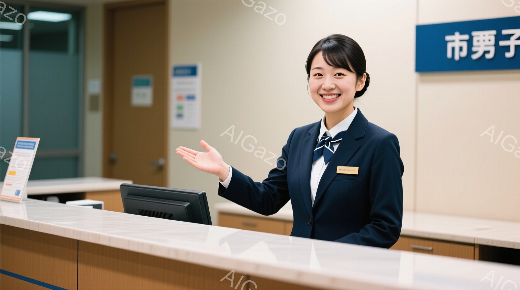 この画像では、日本語で言うと「お忘れない」というような表情をした女性が写っています。彼女は客室スタッフとして業務中に立ち上がり、胸を張ってお忘れない顔を見せているようです。背景には、仕事の環境としてホテルのロビーやカウンターがあります。普段のビジネスマンたちが利用することが多い空間での職業を表す画像となっています。