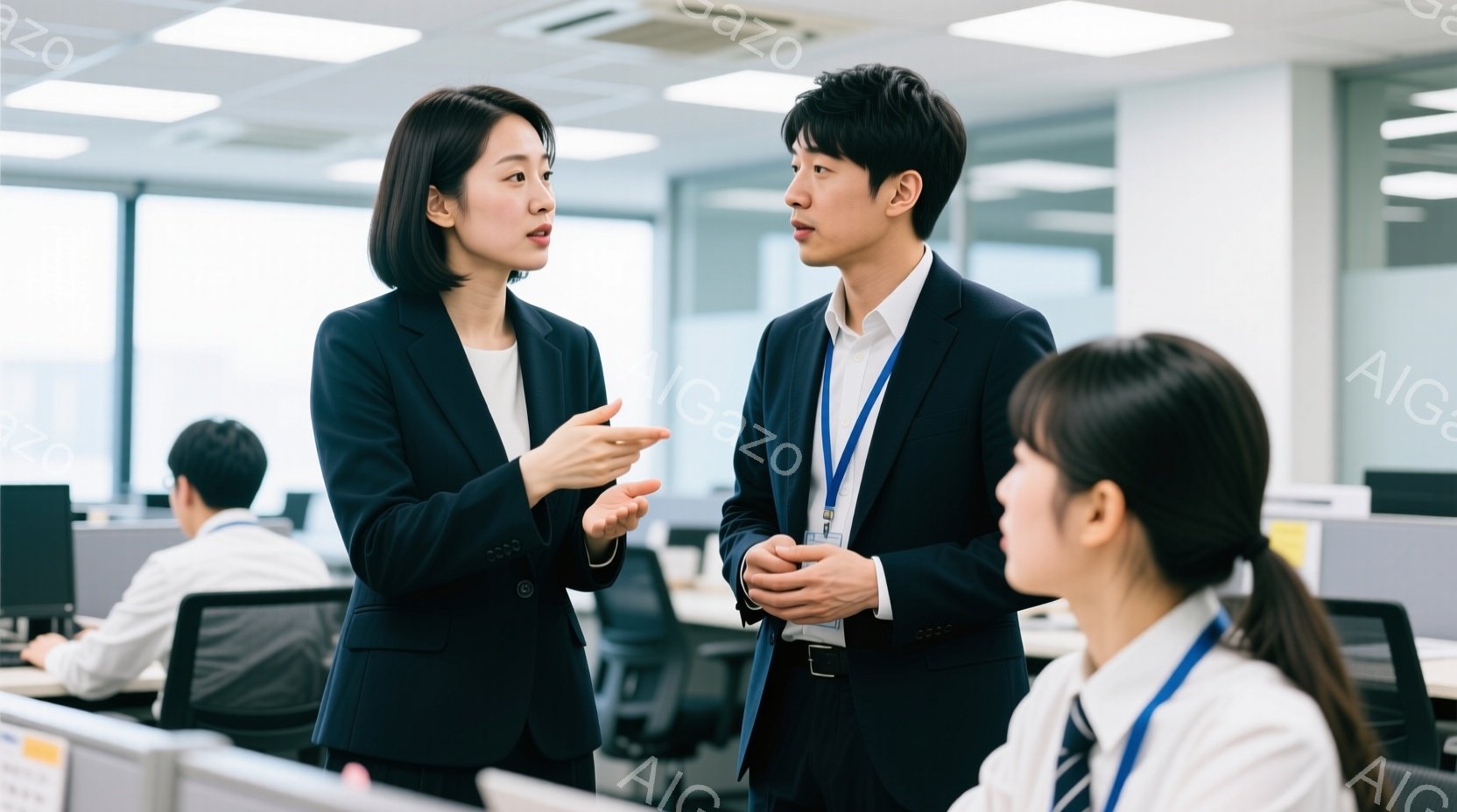 職場を背景に、女性と男性が会話をしている写真です。女性は黒いスーツを着ており、髪は肩にかかる長さで、真剣な表情で何かを説明しているようです。男性は紺色のジャケットに白いシャツ姿で、身につけたIDカード - AI生成フリー素材