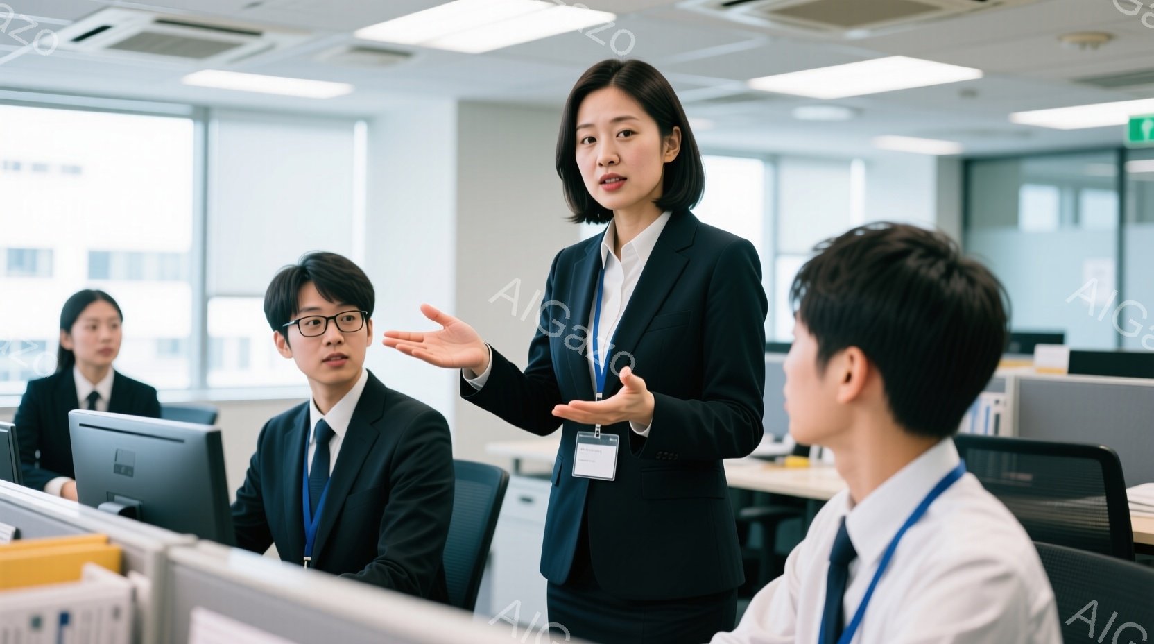 黒いジャケットとスカートの女性が、オフィス内で何かを説明している様子が写っている。彼女は髪を後ろにまとめ、真剣な表情で手を広げて話している。背景には、パソコンに向かう同僚たちがおり、オフィスは明るく、 - AI生成フリー素材